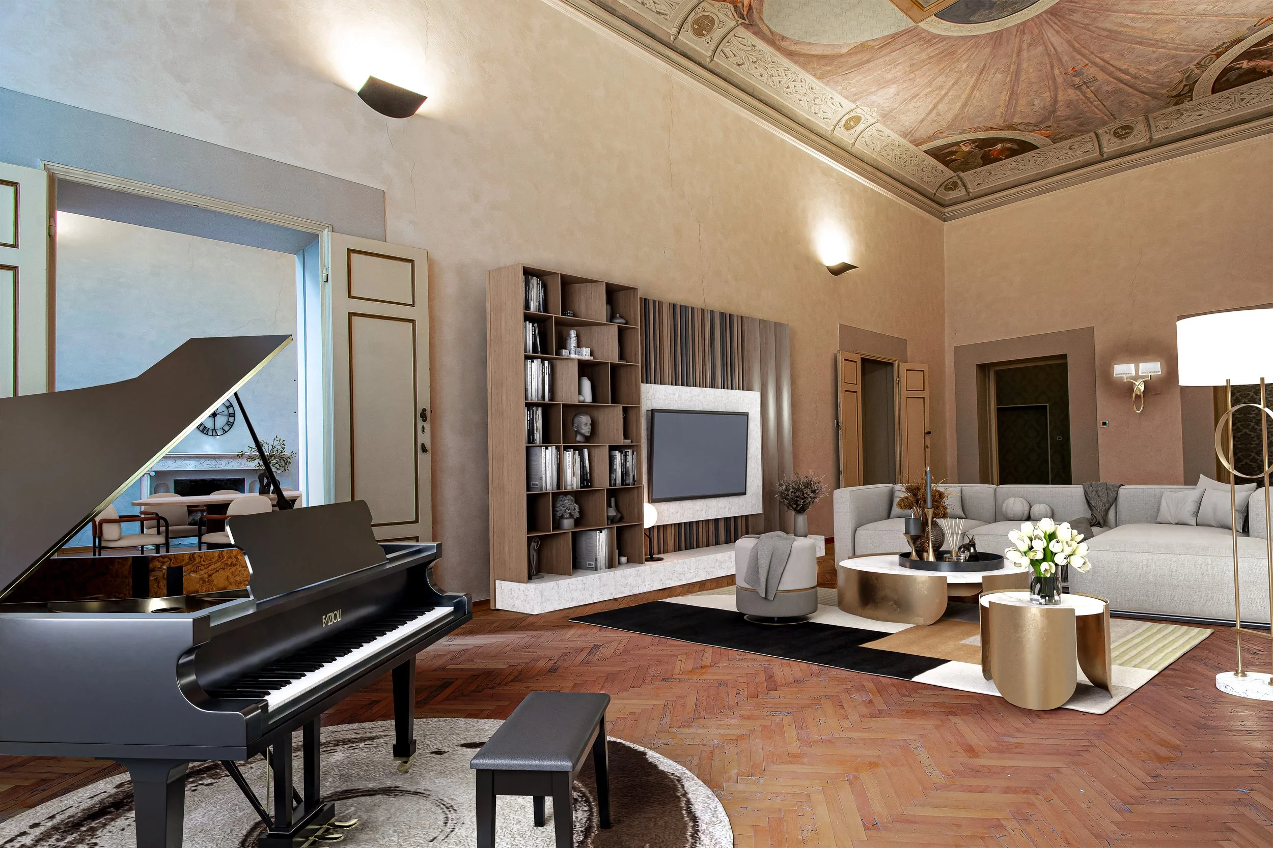 Foto inserimento realistico 3D per lreal estate, immobiliare, hotel e developer, salone appartamento Firenze centro