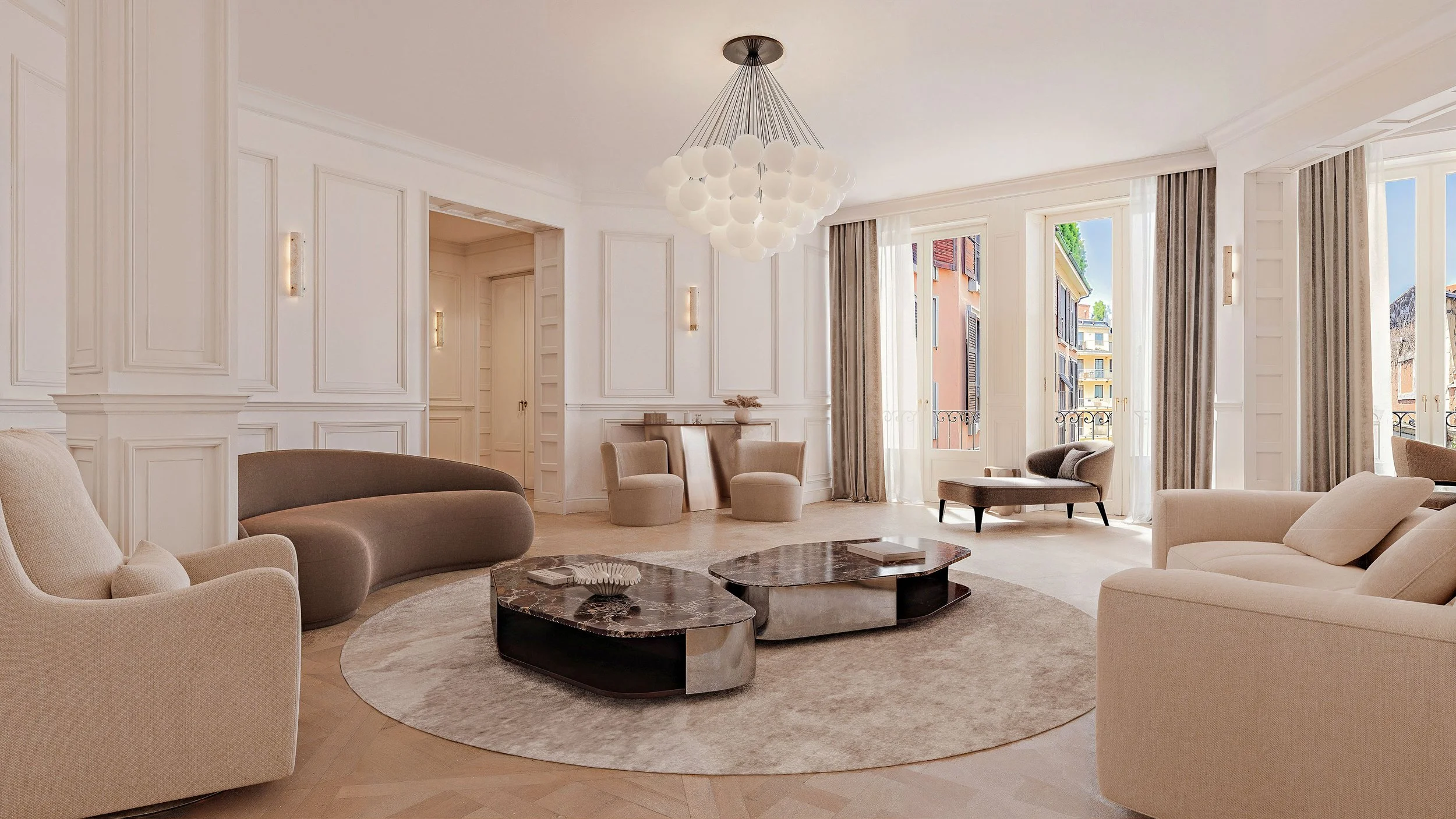 Render 3D per immobiliare e developer, renderind e modelling 3D professionale di interior e exterior design per il settore Real Estate, salotto con divani e poltrone di design