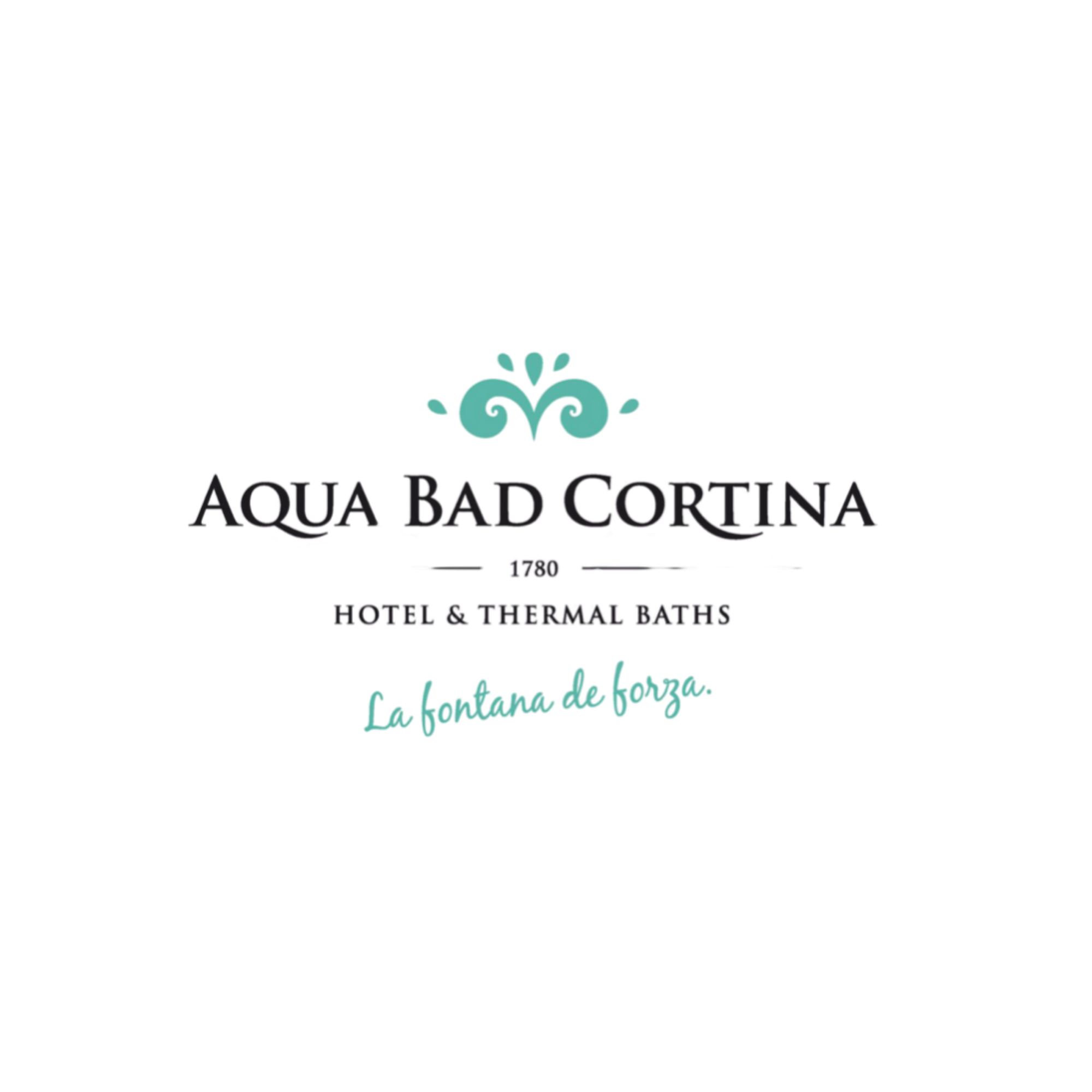 Logo del hotel Aqua Bad Cortina, inaugurato nel 1780, specializzato in terme e bagni termali, con slogan 'la fonte della forma'.