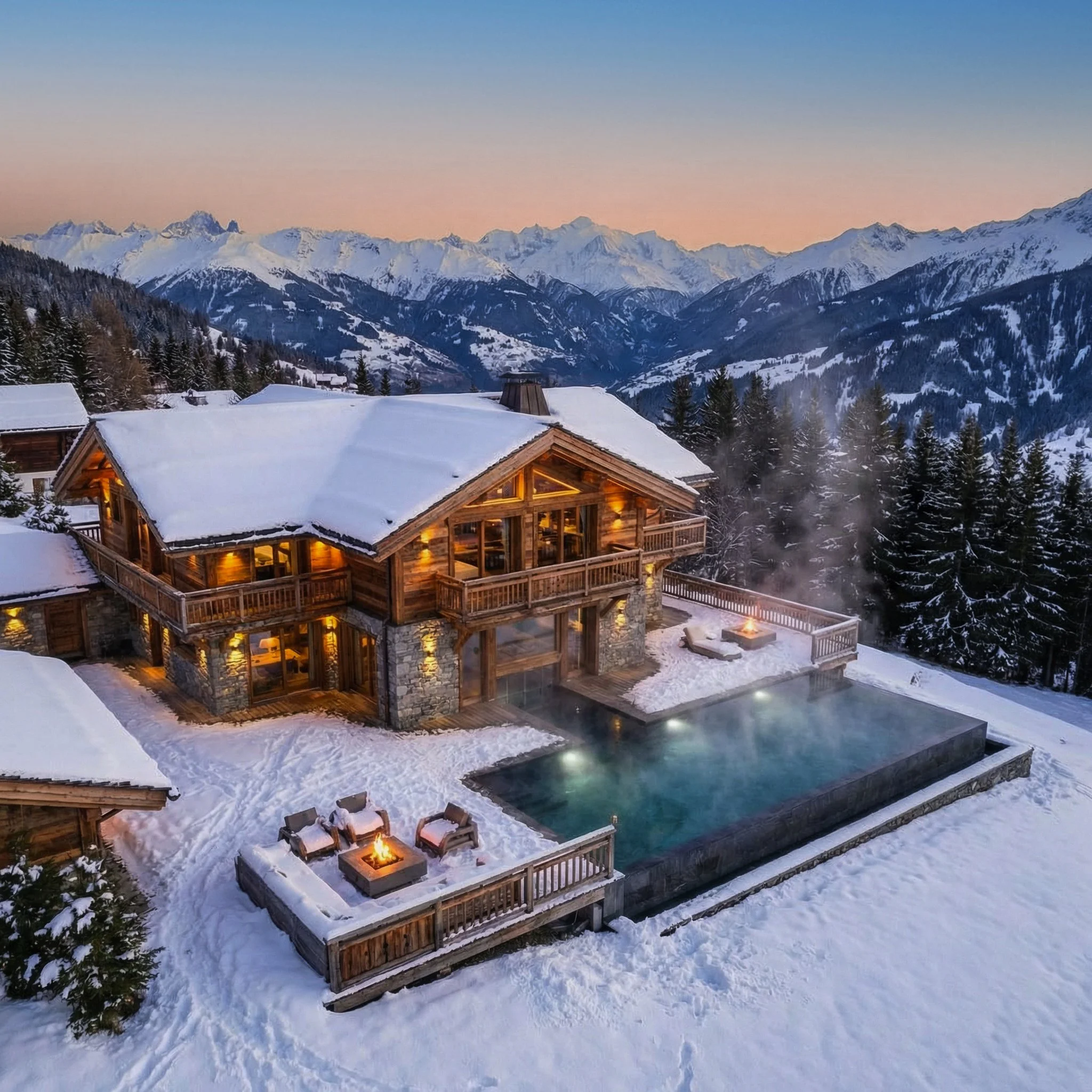 Drohnenaufnahme eines verschneiten Chalets in Südtirol, professioneller Fotoservice