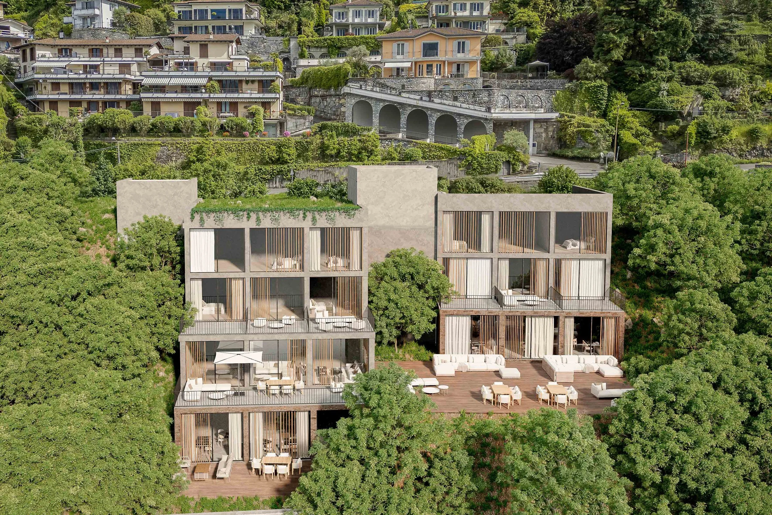 Render 3D immobiliare, modelling e rendering 3D professionale per studi di architettura, agenzie immobiliari e developer. Render di esterni, vista aerea di hotel di lusso in costruzione sul lago di Como