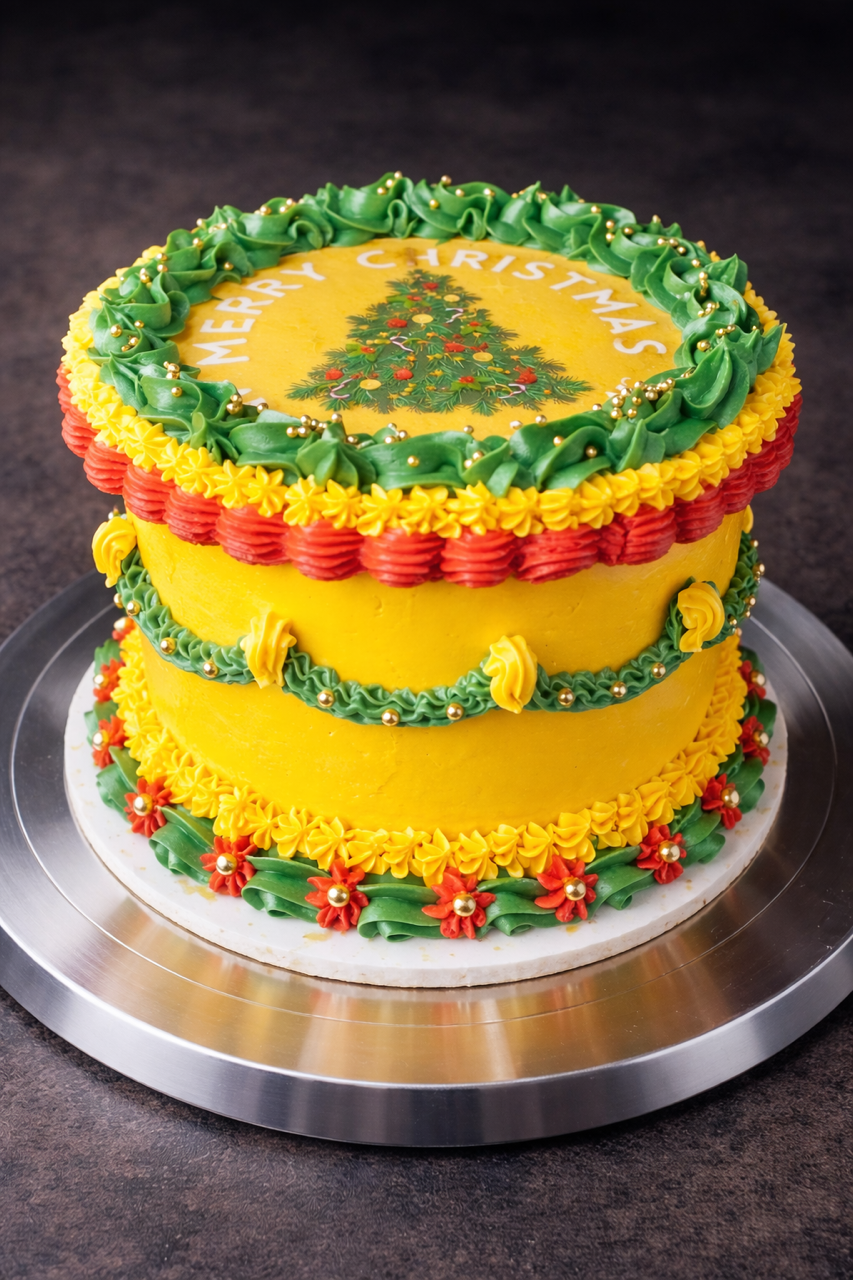 Lemon 6in Round Cake w/ Lemon Butter Cream Filling, Coated with Vanilla Buttercream and Lemon Buttercream Vintage Piping/ Edible Image.