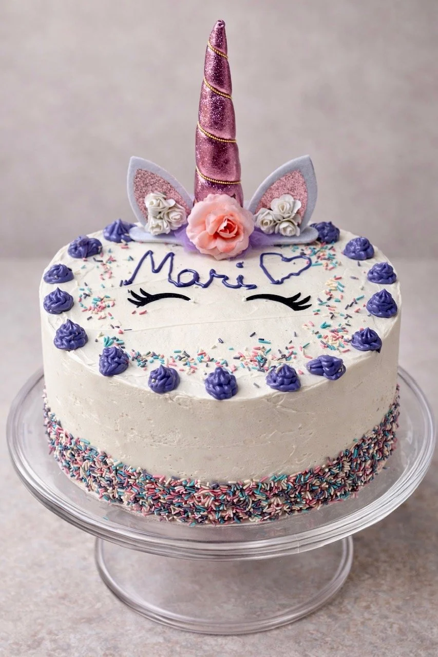 The OG, Saamari's Birthday Cake A.K.A The Cake That Started it ALL! Funfetti 9in Round Cake w/ Purple Gummy Bear Ganache Layers Coated in a Vanilla Buttercream & Gummy Bear Ganache Dollops on Top! 