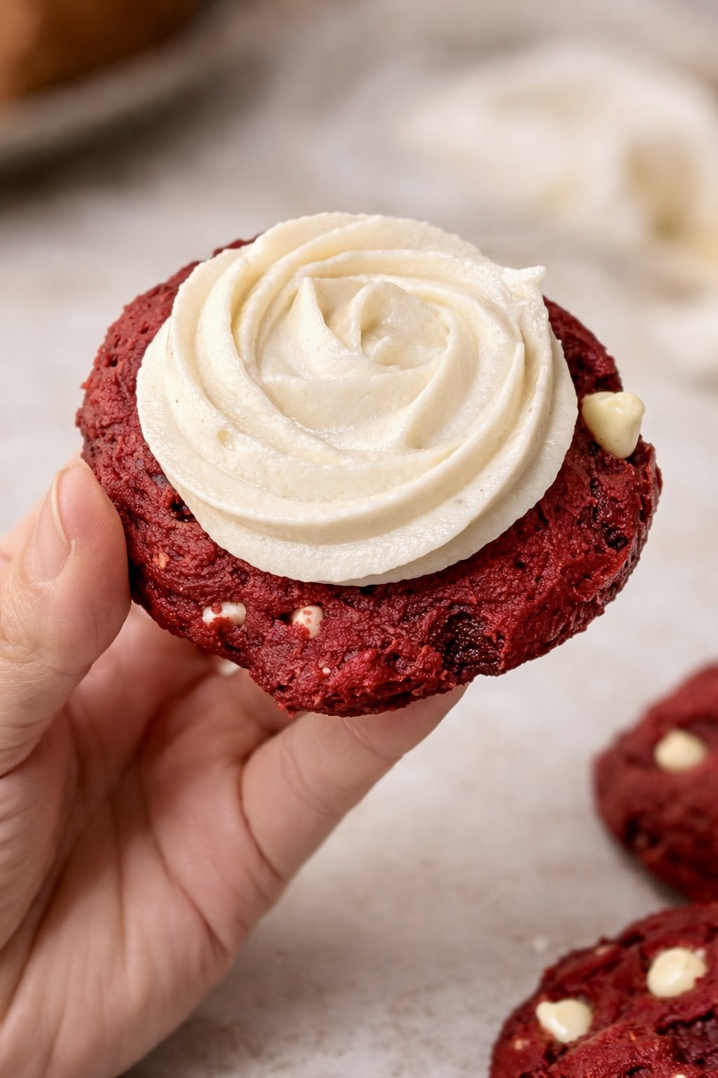 Red Velvet Cookies w/ White Chocolate Morsels w/ Cream Cheese Frosting.