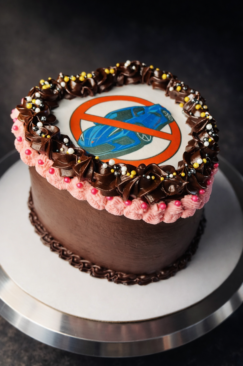 Chocolate Covered Strawberry 6in Heart Cake w/ Marble Sponge & Strawberry Buttercream Filling. Coated w/ Chocolate Buttercream and Chocolate Ganache/ Strawberry Buttercream Piping/ Edible Image.