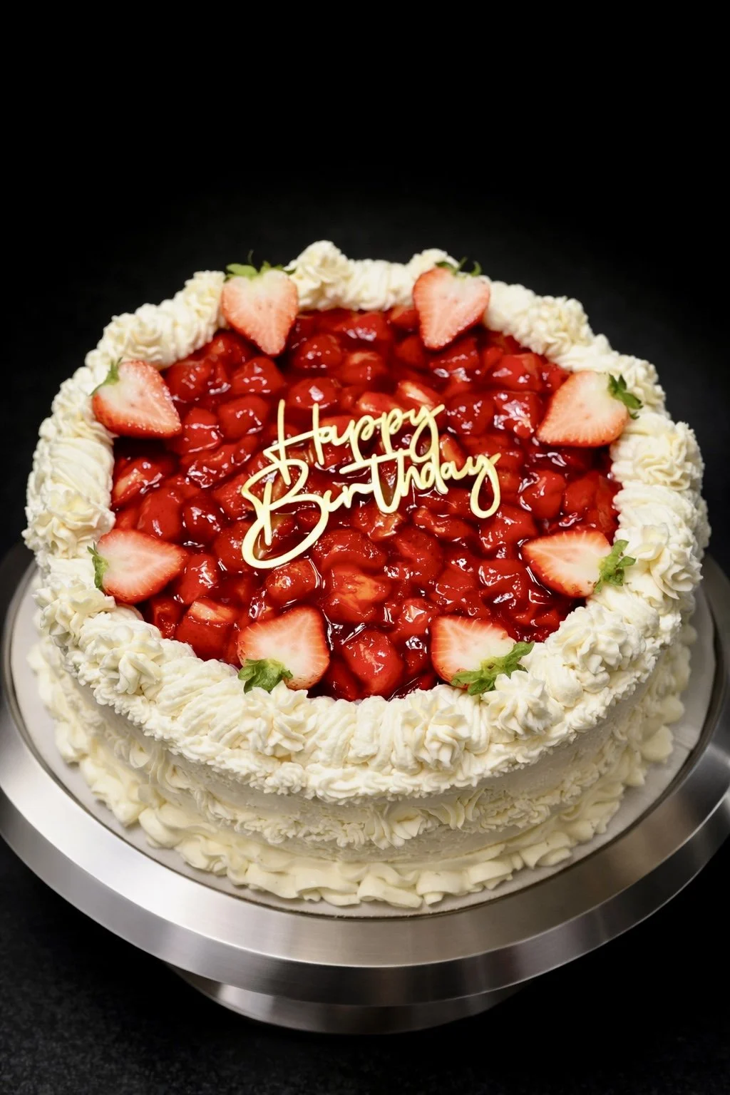 Cheesecake 9in Round. Coated in Mascarpone Frosting, Topped w/ House-made Strawberry Compote.