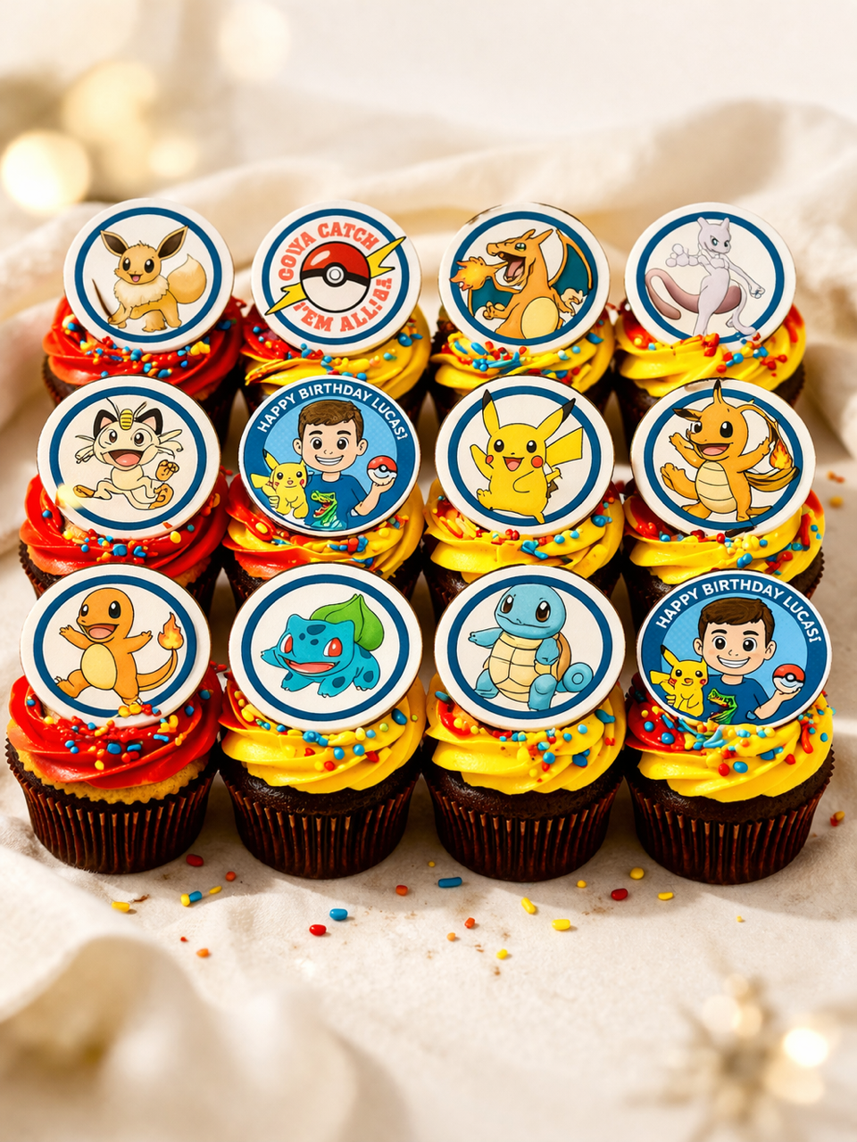 Chocolate & Vanilla Cupcakes Topped w/ Vanilla Buttercream & Dark Chocolate Edible Image Candy Disk.