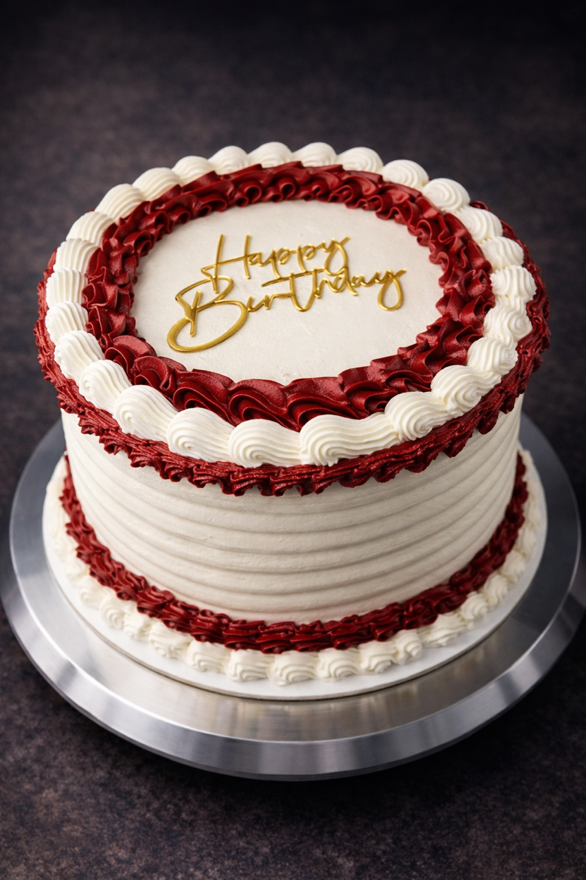 Slutty Red Velvet 8in Round Cake w/ Cream Cheese Frosting & Red Velvet Ganache Layers Coated in Cream Cheese Buttercream & Red Velvet Ganache Piping.