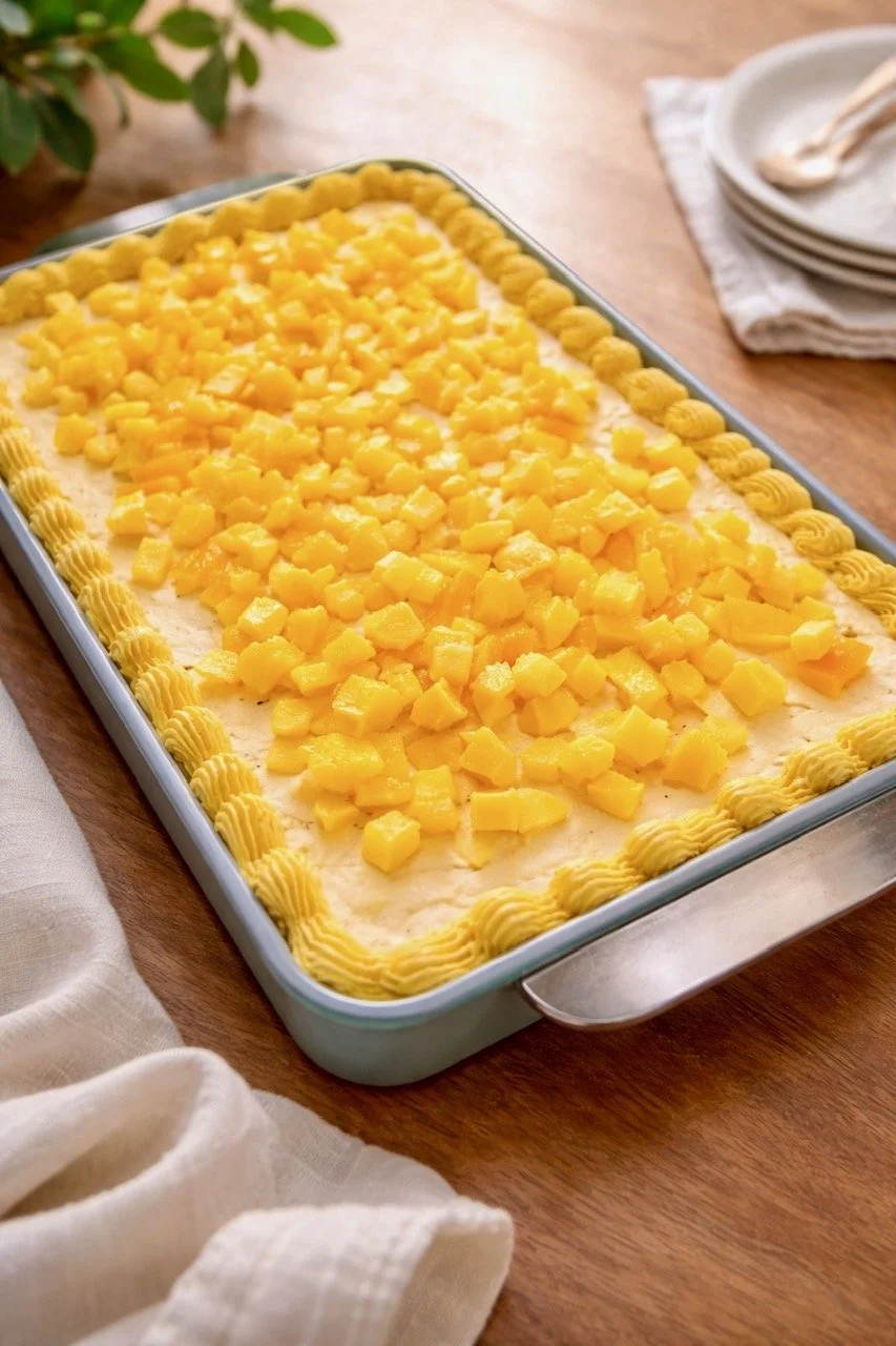 Mango Tres Leche's 9x13 Cake w/ Mascarpone Frosting, Mango Ganache Piping & Fresh Mango on Top!