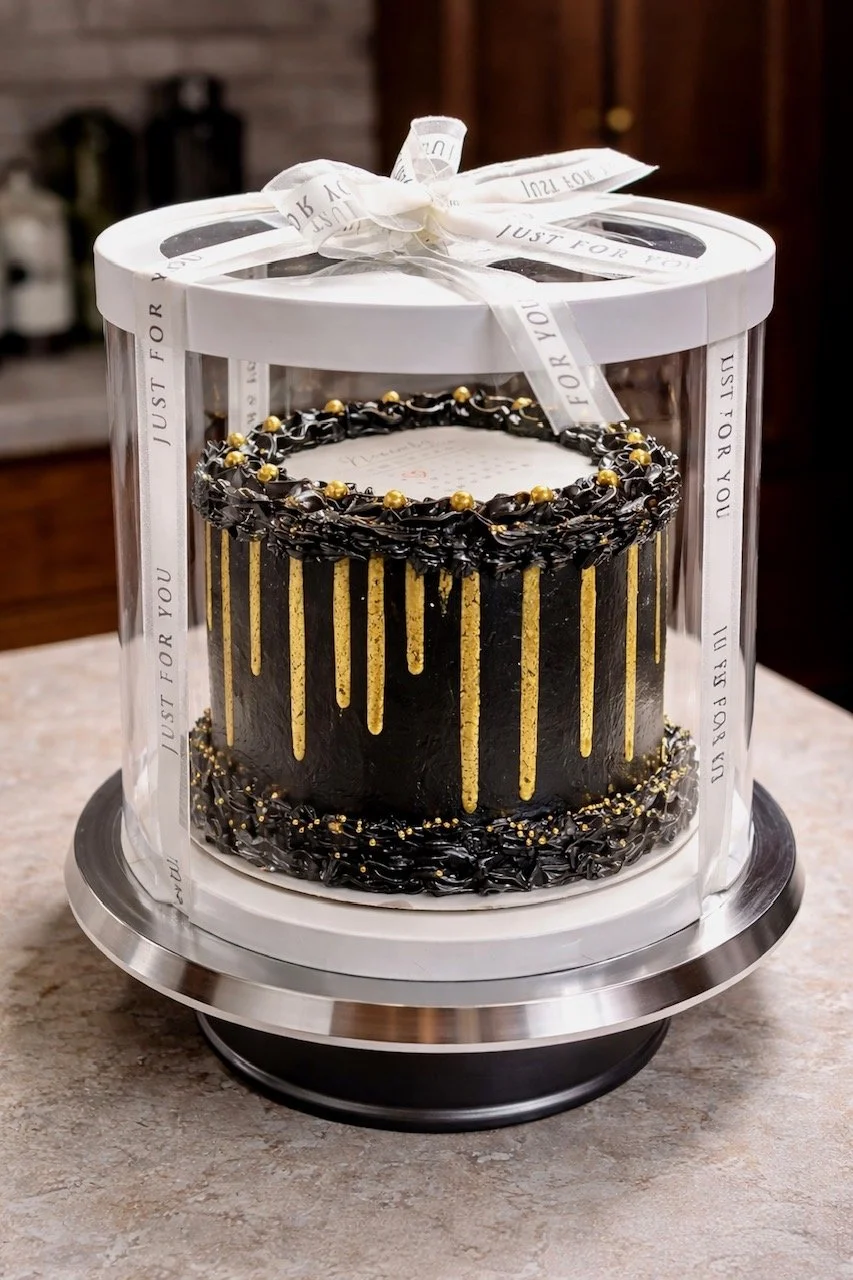 Vanilla Sponge 6in Calendar Heart Cake w/ Chocolate Ganache Filling, Coated in Black Buttercream & Gold Drip!          