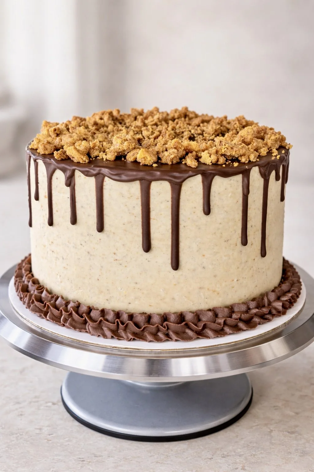 Toasty S'mores 8in Round Cake w/ Chocolate Sponge & Layers of Chocolate Ganache and House-made Graham Cracker Crumble Coated in a Toasted Marshmallow Buttercream w/ Chocolate Ganache Piping & Chocolate Drip!