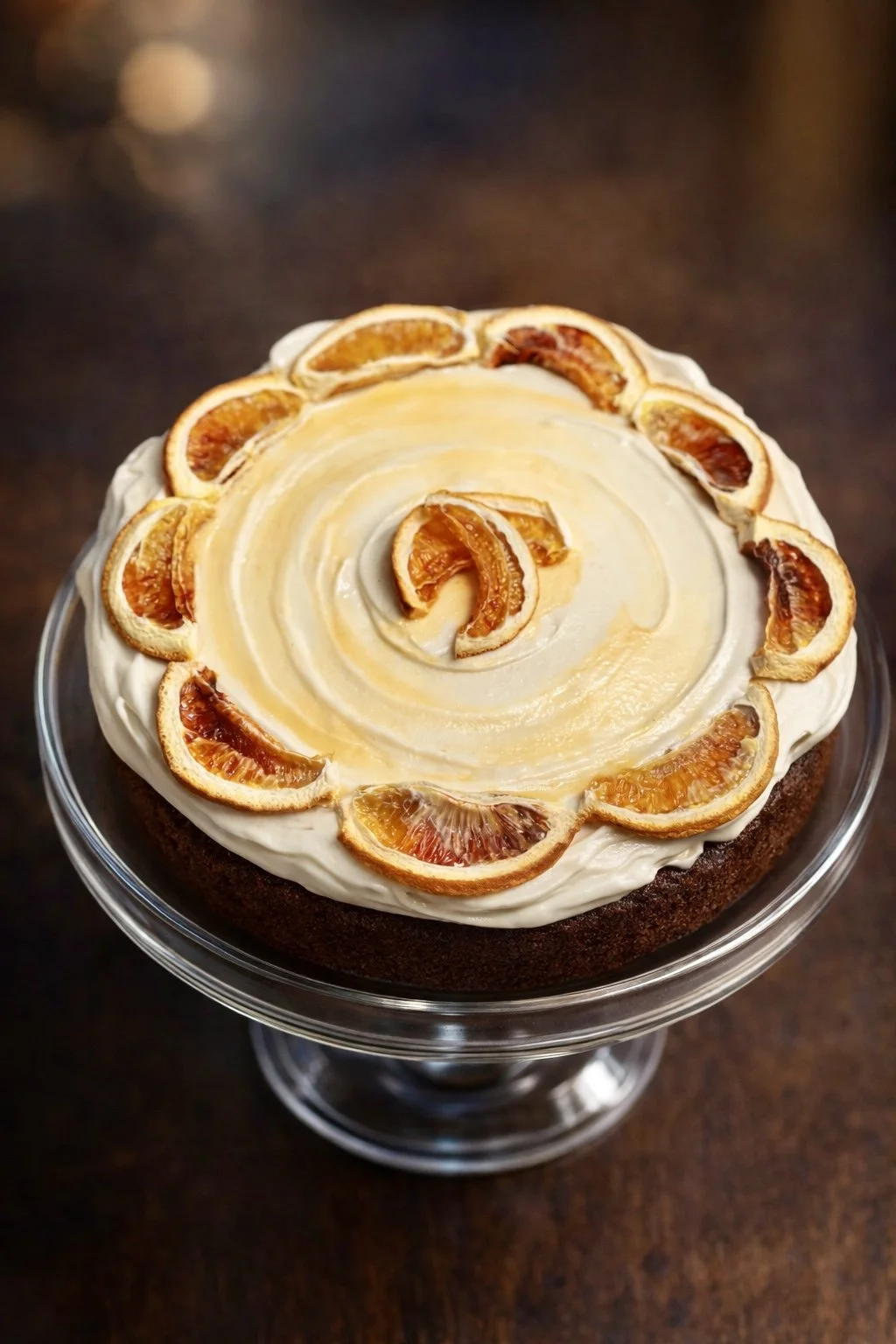 Orange Olive Oil 9in Cake infused w/ an Orange-Earl Grey Glaze, Topped w/ House-made Honey Flavored Whipped Cream & Candied Blood Oranges w/ a Glaze Drizzle!                       