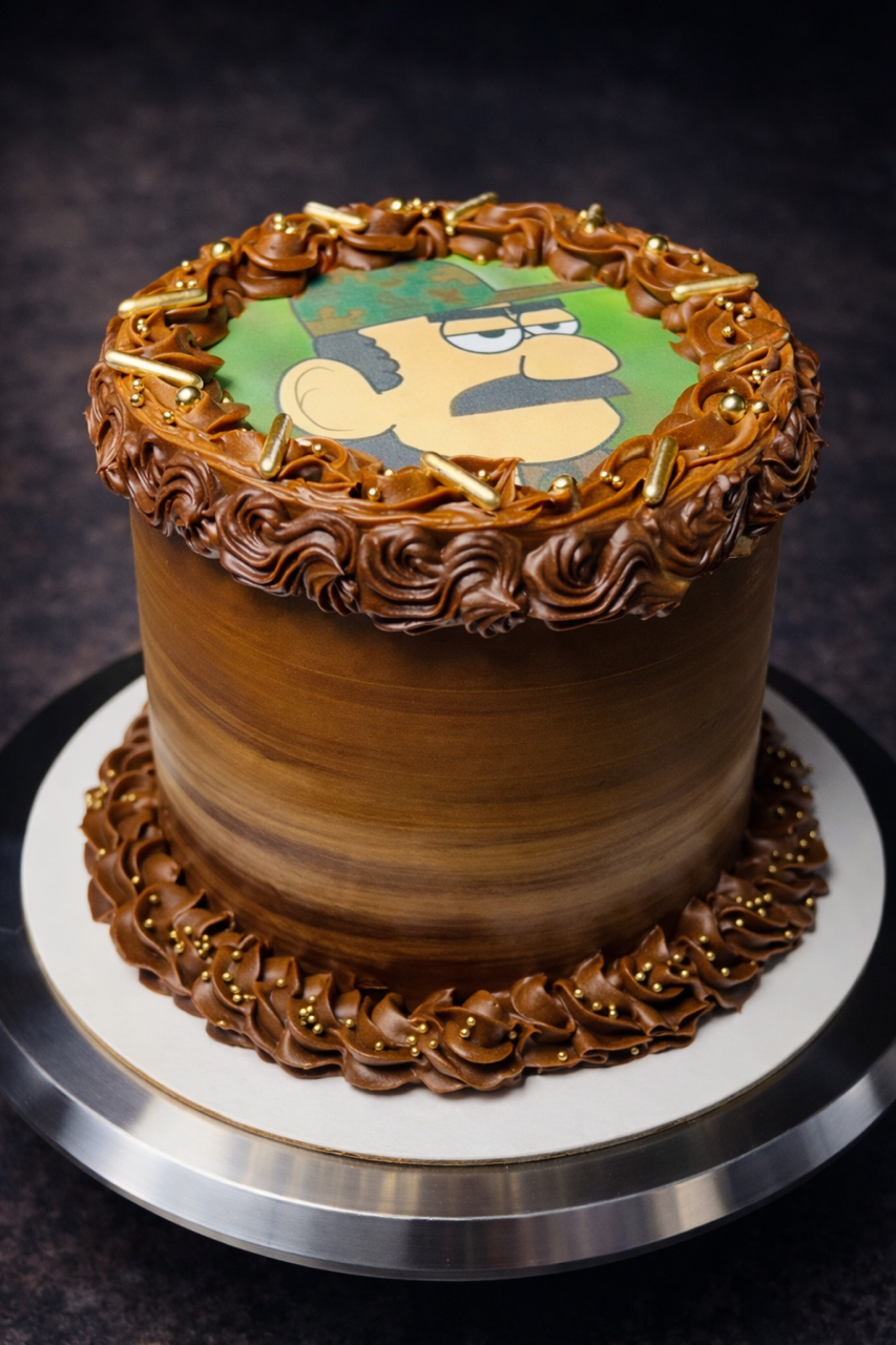 German Chocolate 6in Round Cake w/ Coconut Pecan Custard Filling & Chocolate Ganache Filling. Coated with French Chocolate Buttercream & Chocolate Ganache Piping/ Edible Image.