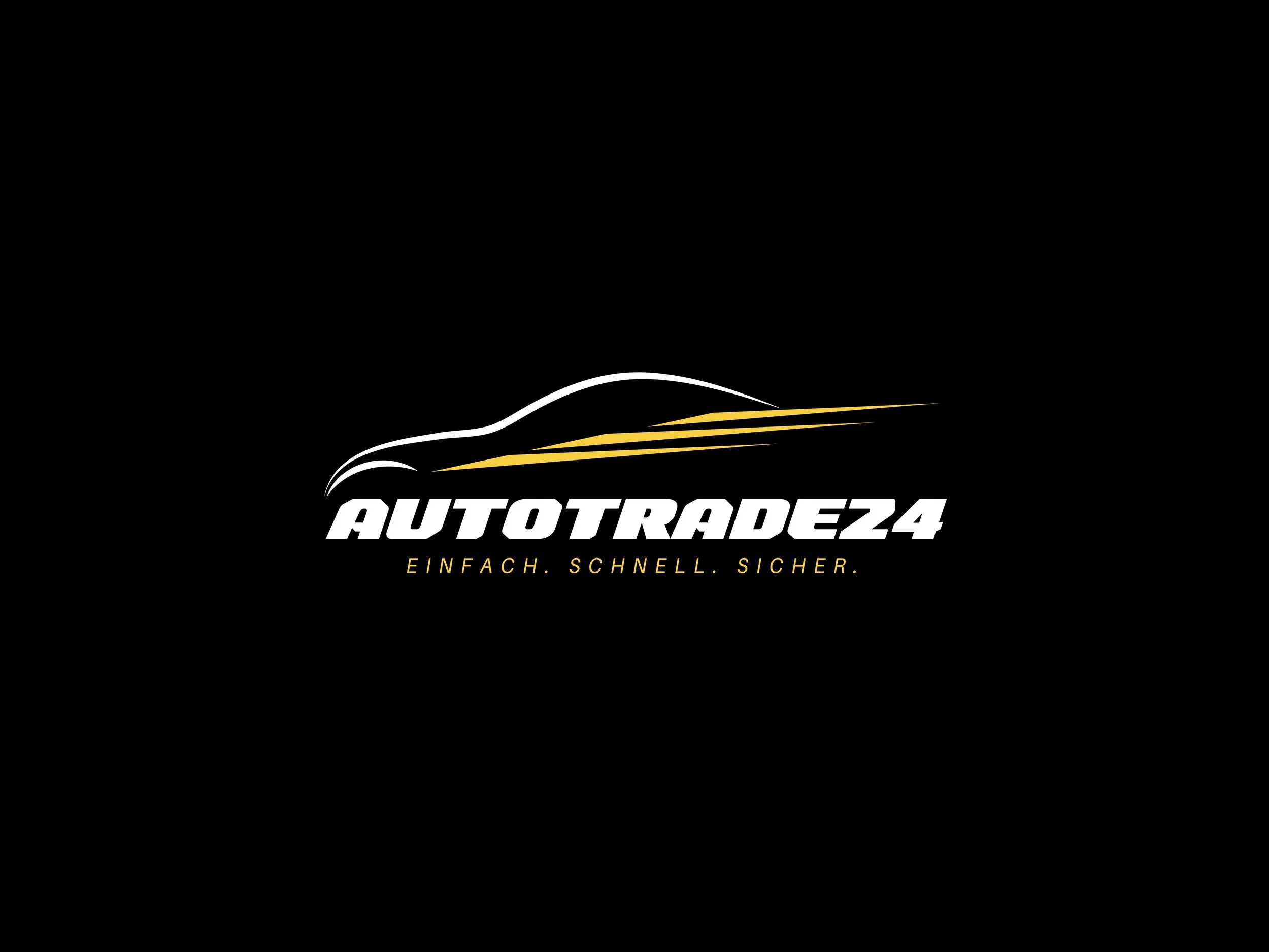 Logo mit einem stilisierten schwarzen und goldenen Auto und dem Text 'AUTOTRADE24' darunter, darunter den Slogan 'EINFACH. SCHNELL. SICHER.' auf schwarzem Hintergrund.