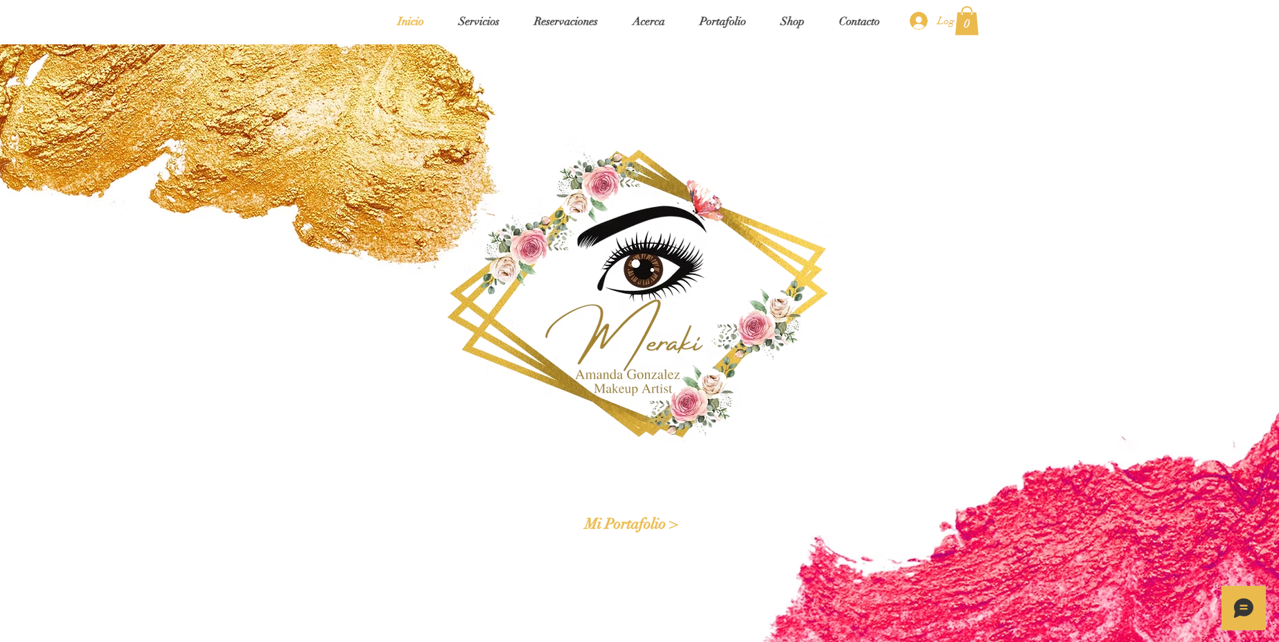 Homepage of a makeup artist's website featuring a stylized eye with makeup, floral decorations, and gold geometric shapes. The name 'Meraki' and the artist's name 'Amanda Gonzalez' are displayed.