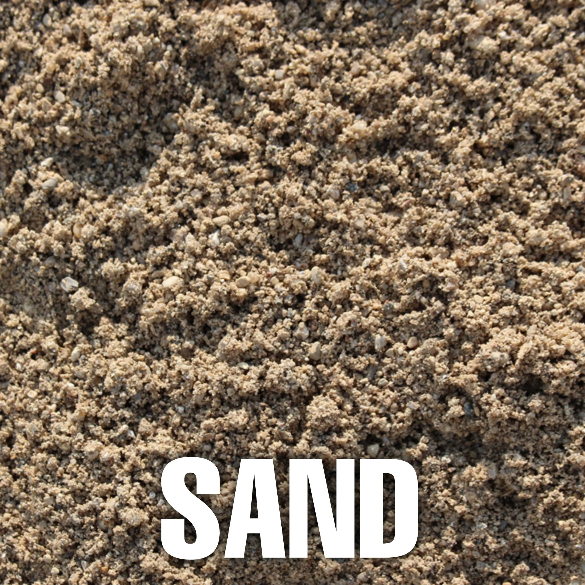 Close-up of coarse sand particles with the word 'SAND' written at the bottom in bold white letters.