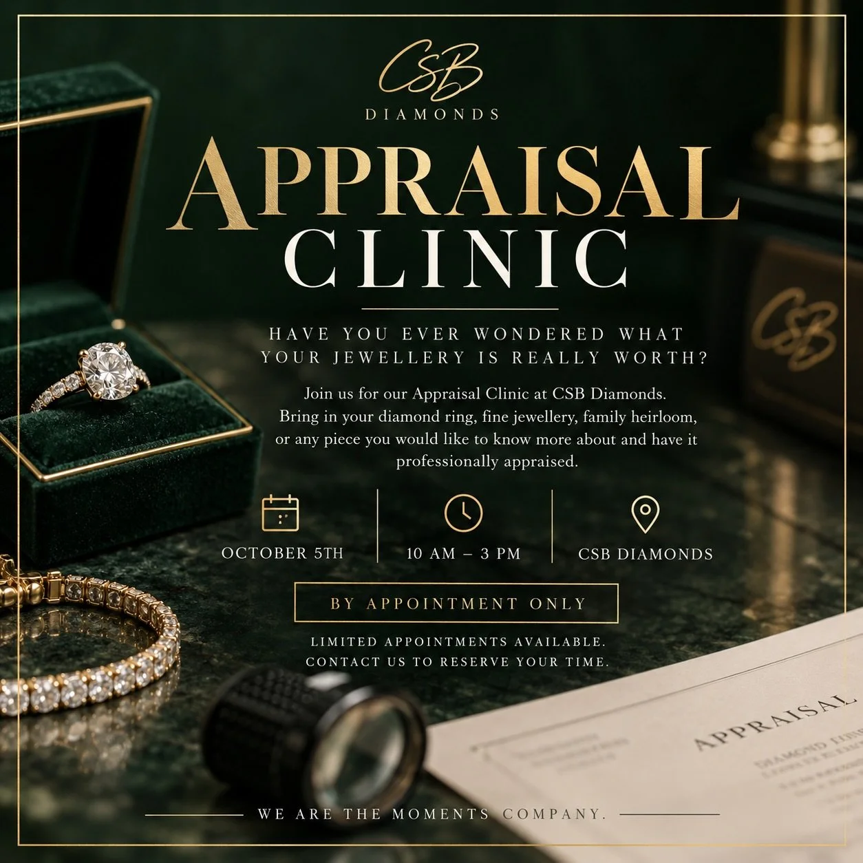 ✨ CSB DIAMONDS APPRAISAL CLINIC ✨

Have you ever wondered what your jewellery is really worth?

Join us October 5th from 10 AM &ndash; 3 PM for our Appraisal Clinic at CSB Diamonds.

Whether it&rsquo;s a diamond ring, fine jewellery, a family heirloo