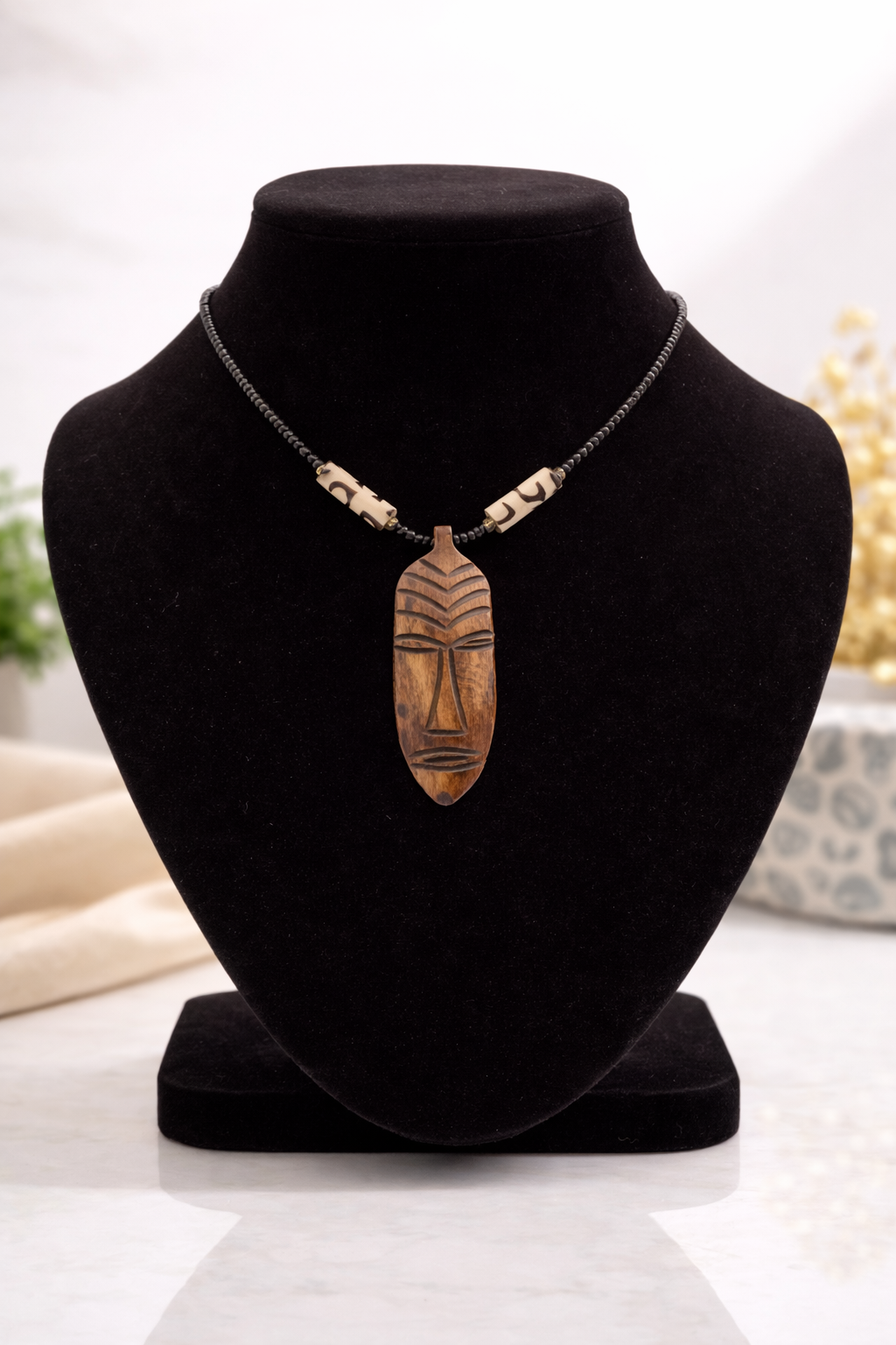 African Carved Mask Pendant Necklace | Tanzanian Inspired Statement Piece