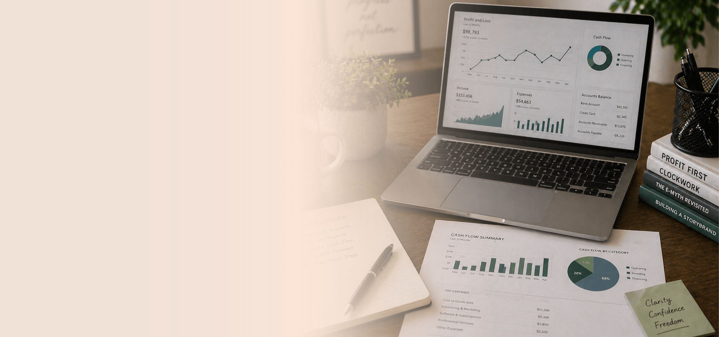 Clear financial dashboard and organized bookkeeping reports showing business clarity and financial control