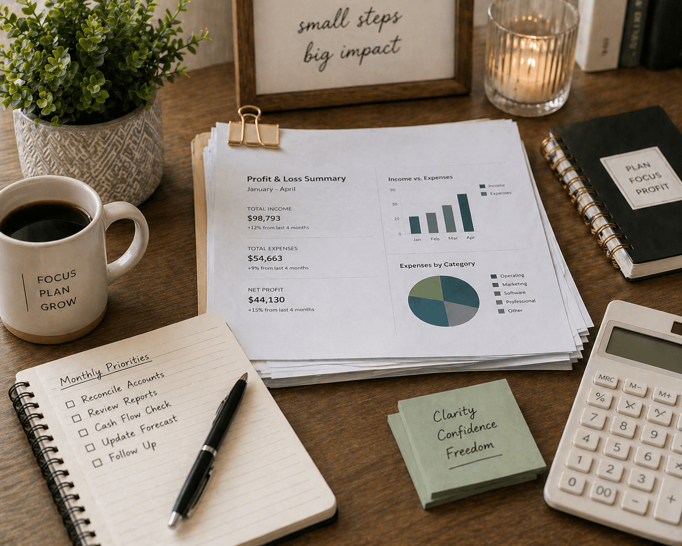 A cluttered wooden desk with financial reports, a cup of coffee, a notebook, sticky notes, a calculator, a plant, a framed quote, and a candle. The reports include profit and loss summary, charts, and expenses.