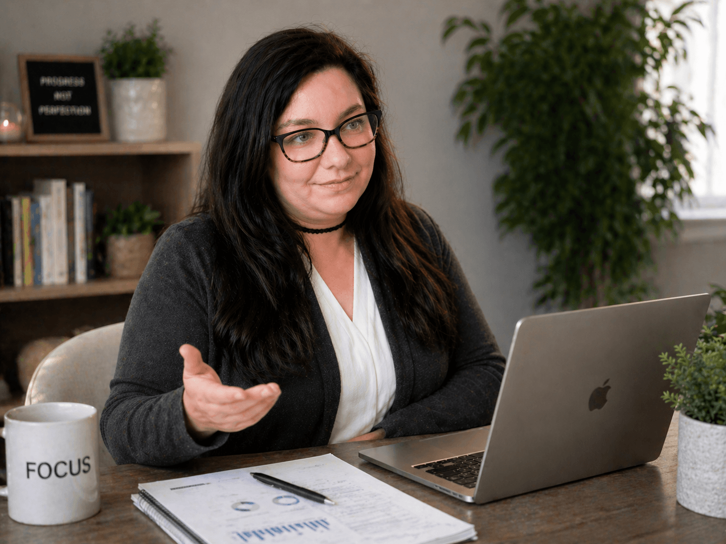 A woman with dark hair, glasses, and a black choker necklace speaking during a video call or virtual meeting in a home or office setting, with a laptop, notepad, and coffee mug on the table.