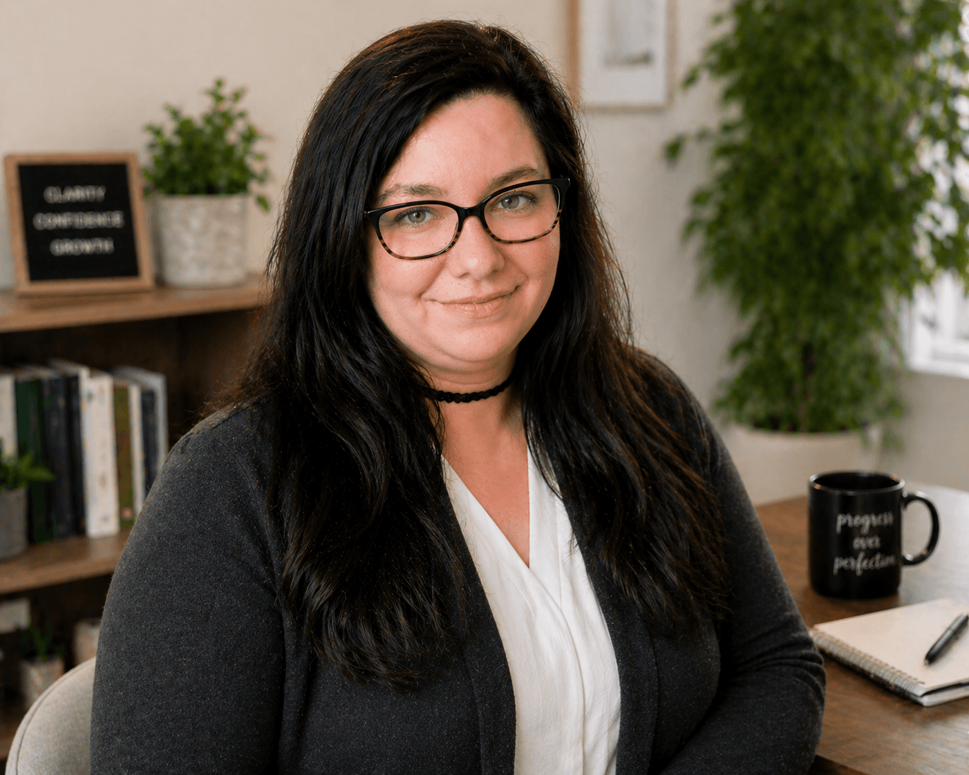 A woman with long dark hair, glasses, and a black choker necklace, sitting at a desk with books, a notebook, and a black mug in a cozy office setting with plants.