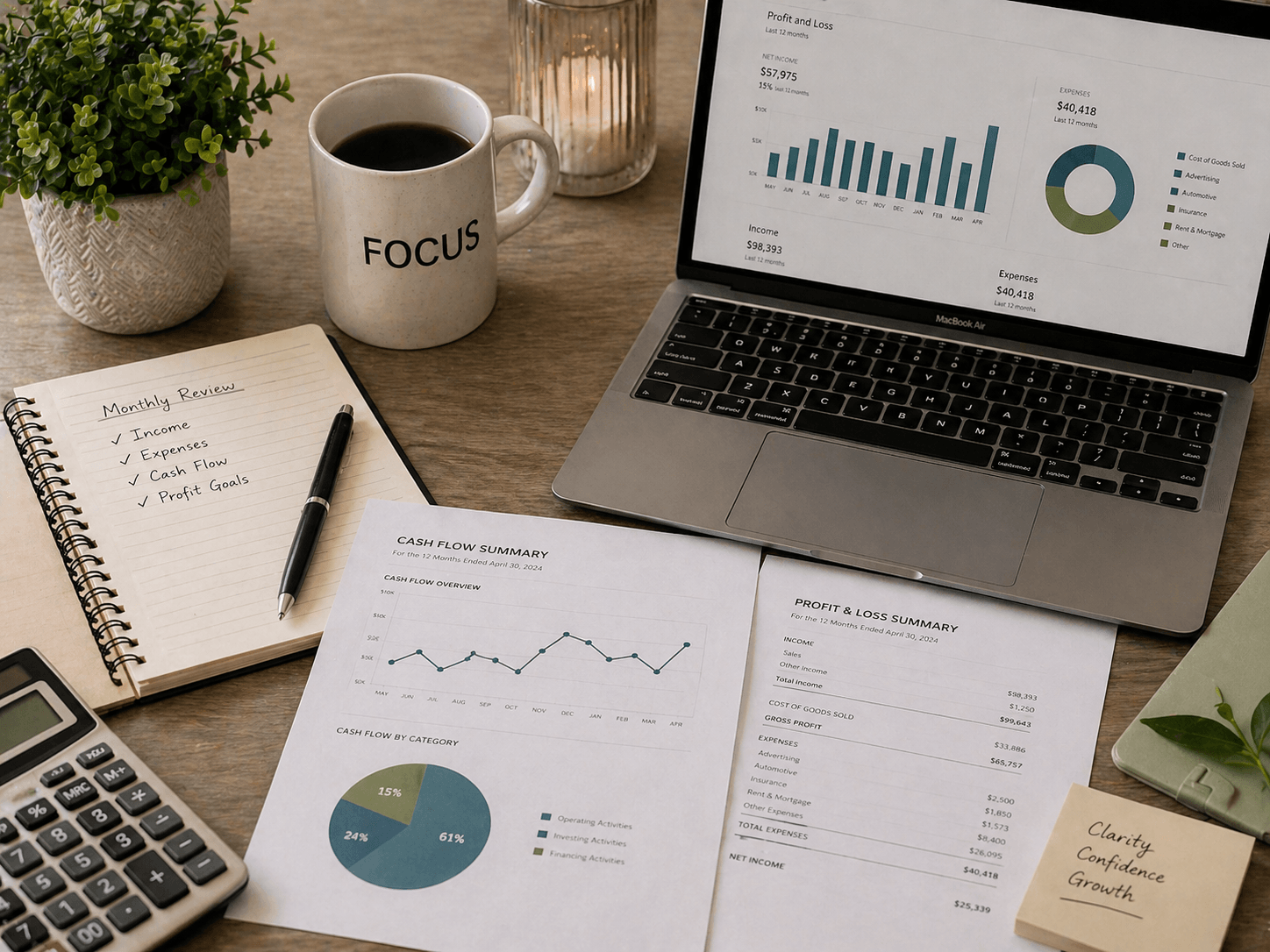 A workspace with a laptop displaying financial data, a notebook with a checklist for monthly review, financial reports for cash flow and profit/loss, a calculator, a pen, a potted plant, a coffee mug labeled 'FOCUS', a candle, and sticky notes with words like 'Clarity,' 'Confidence,' and 'Growth'.