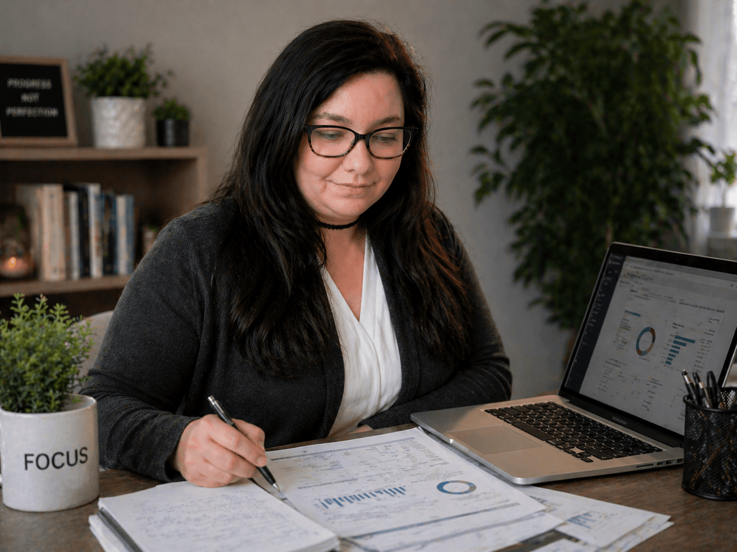 Woman with glasses and dark hair working at a desk with a laptop, papers, and pens, surrounded by plants and books in an office.