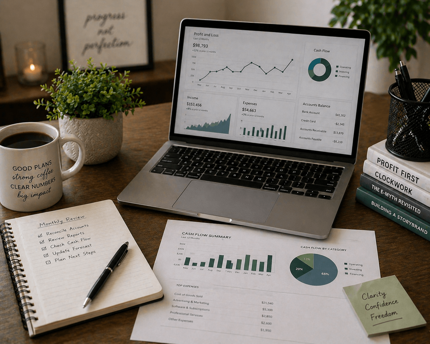 A workspace with a laptop displaying financial graphs and charts, a notebook with a checklist for monthly review, a cup of coffee, a potted plant, and a stack of books. The scene also includes a printed cash flow summary and a sticky note with words 'Clarity, Confidence, Freedom'.