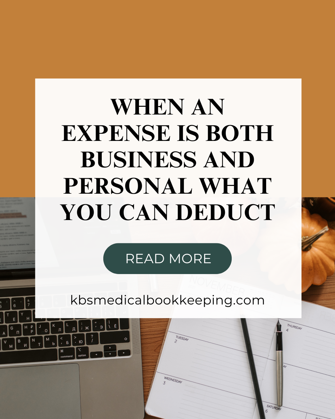 Laptop, planner, and coffee cup on a desk with fall decor, representing managing business and personal expense deductions