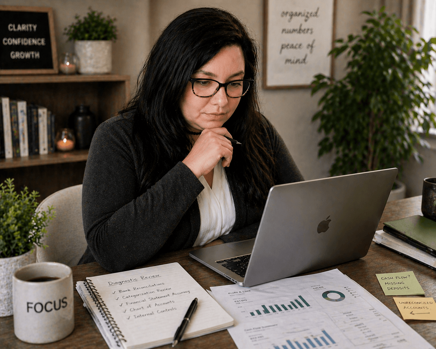Woman working at a desk with a laptop, notes, and charts, surrounded by plants and motivational signs.