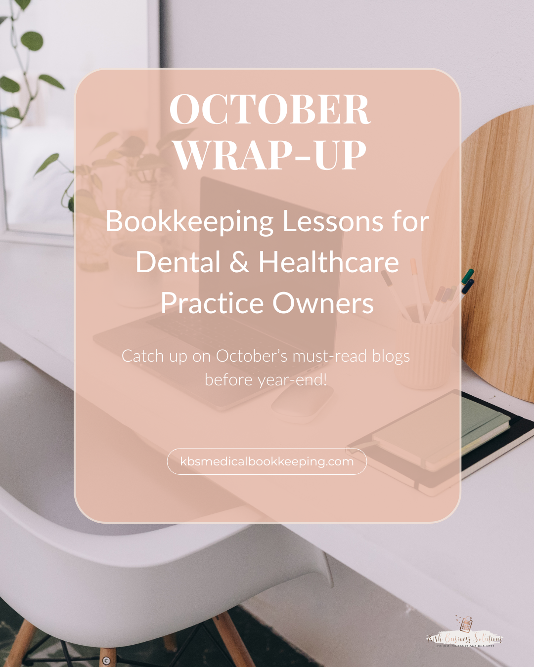 Flat lay of laptop, notebook, and coffee mug representing organized bookkeeping and year-end preparation for dental and healthcare practice owners.