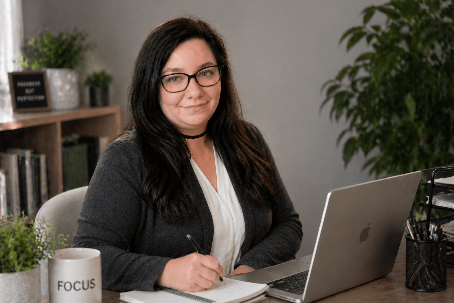 Woman with dark hair, glasses, and choker necklace sitting at a desk with a laptop, notebook, and pens, smiling at the camera in an office setting.