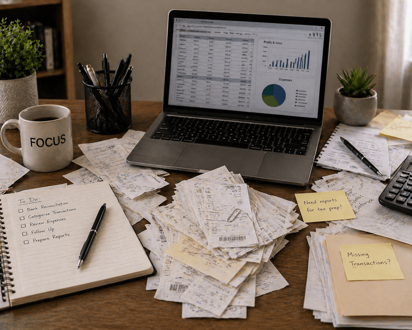 Messy office desk with piles of receipts, notebooks, sticky notes, pens, a laptop displaying financial data, a calculator, a coffee mug, and two potted plants.