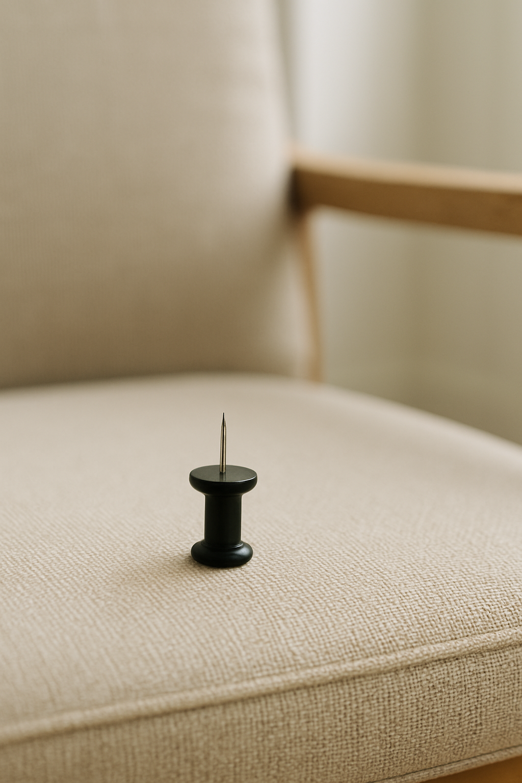 A black thumbtack on a beige cushion.