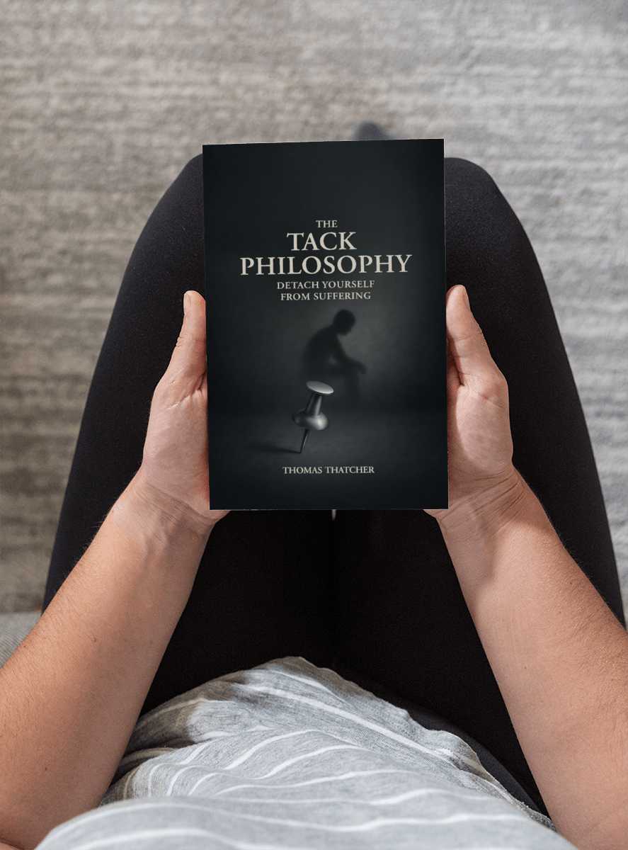 Person sitting holding a book titled "The Tack Philosophy" by Thomas Thatcher, with a blurred chair in the background.