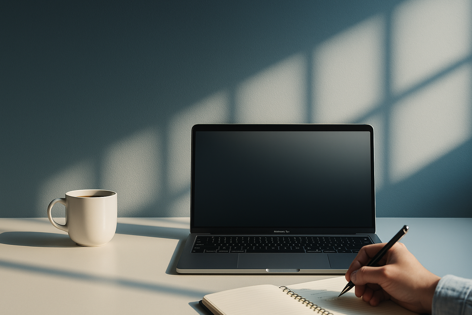 A laptop and a notebook with a person's hand writing, a white mug filled with coffee, and sunlight casting shadows on a plain wall.