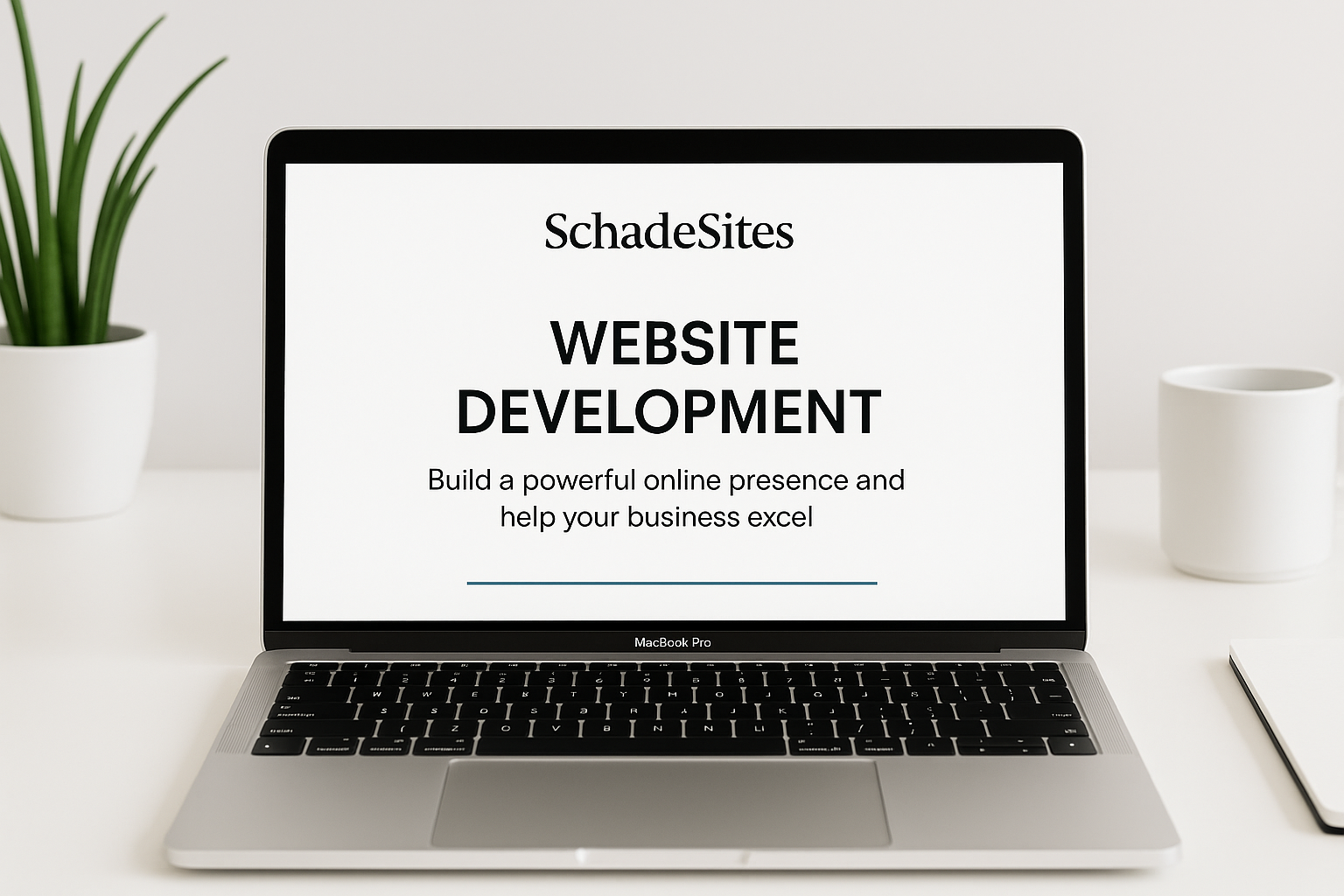 Laptop on white desk displaying a webpage titled 'SchadeSites WEBSITE DEVELOPMENT' with a subtitle encouraging building a strong online presence, flanked by a potted plant on the left and a white mug on the right.
