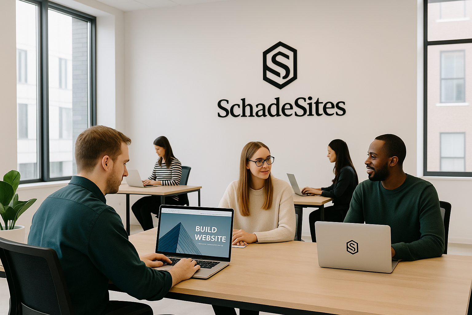 Business meeting in modern office with four people working on laptops, two women and two men, with SchadeSites logo on wall and laptops.