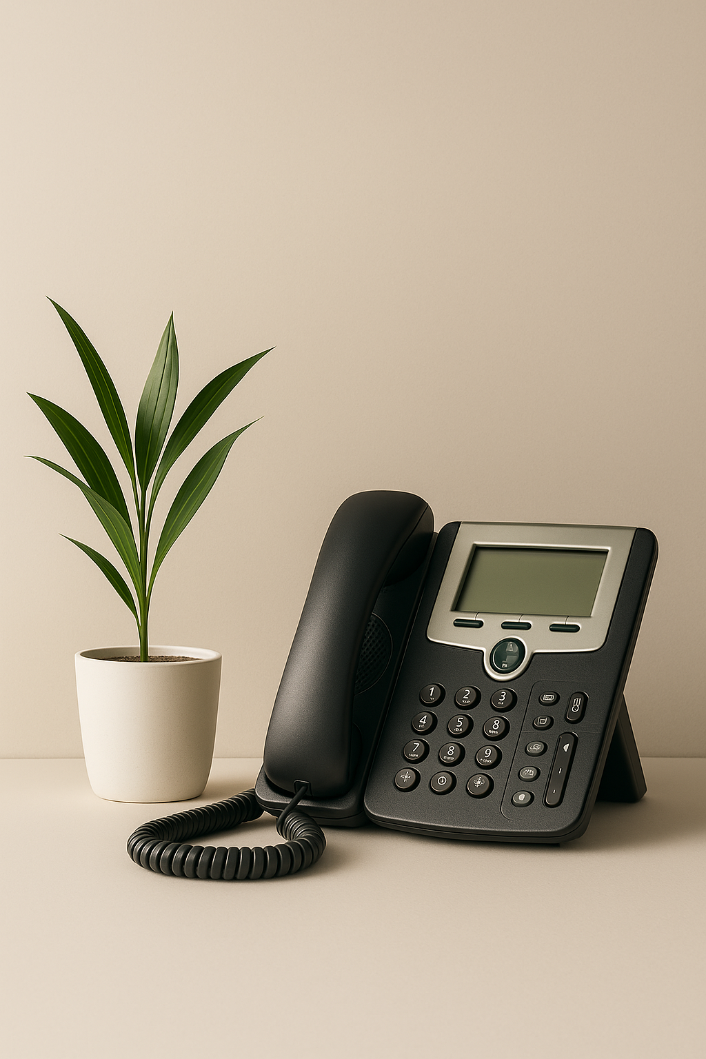 Office desk with a potted plant and a black landline telephone.