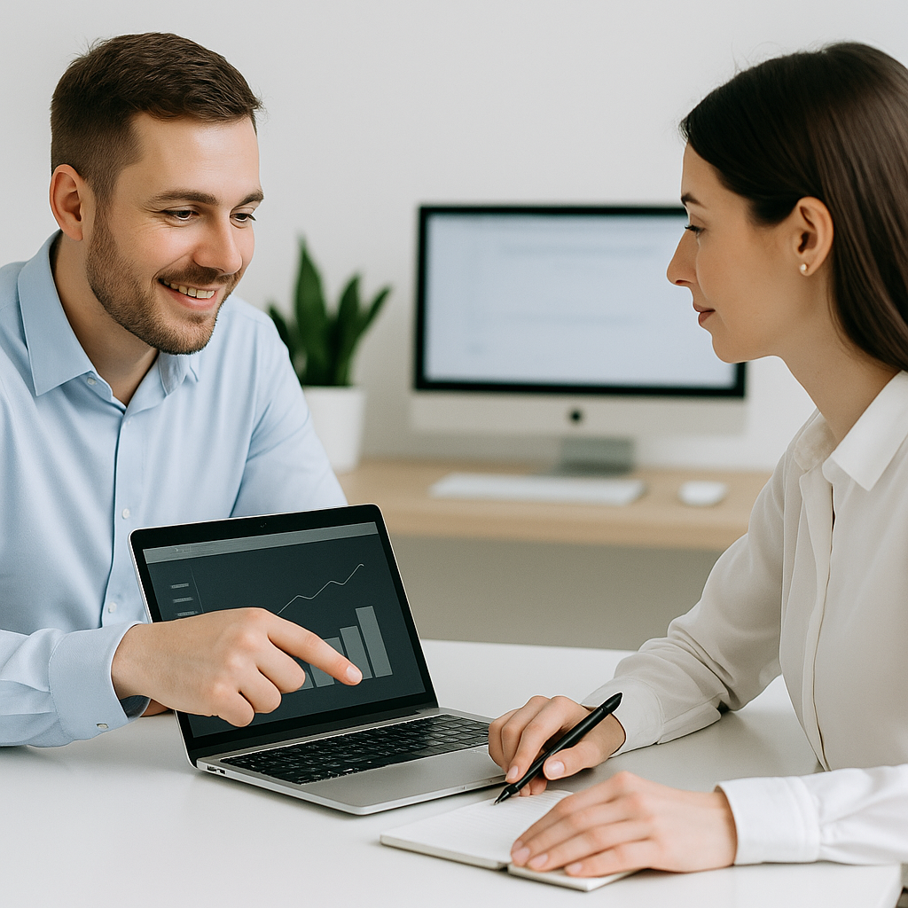 A man and a woman sitting at a desk in an office, looking at a laptop with a graph on the screen. The man is smiling and pointing at the laptop screen, the woman is holding a pen and a notepad, paying attention.
