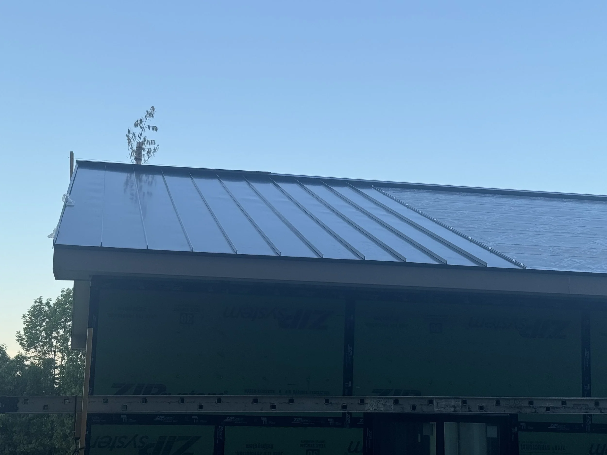 The image shows the roof of a building under construction, with a metal roof partially installed. The building's exterior walls are not yet finished, and construction materials are visible. There are trees in the background and a clear blue sky.