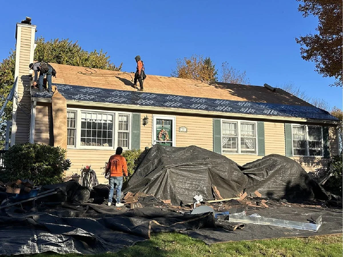 Before-and-after comparison of a completed roof project CESN Construction