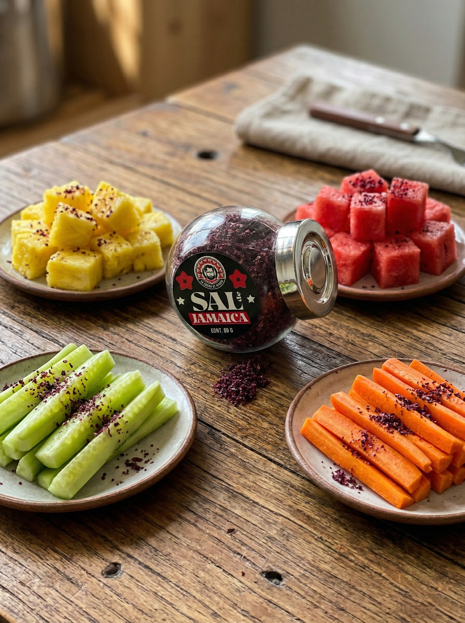 Sal de Jamaica gourmet 100% natural de La Cocina de Papapai servida sobre fruta y verdura fresca. Sazonador artesanal mexicano para piña, sandía y botanas saludables.