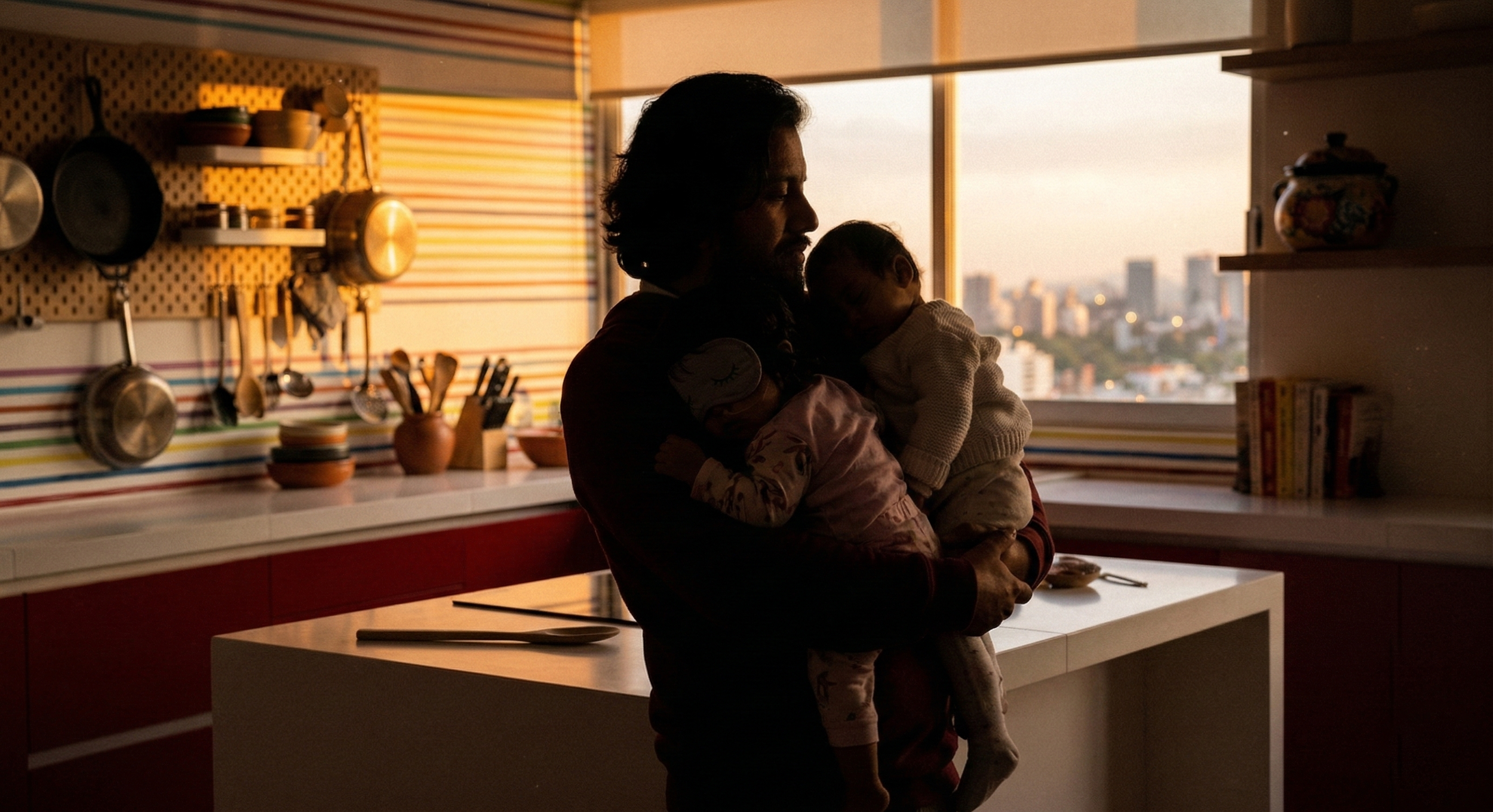Silueta de padre abrazando con ternura a sus dos hijas pequeñas mientras duermen junto a ventana al atardecer, reflejando el amor familiar de La Cocina de Papapai.
