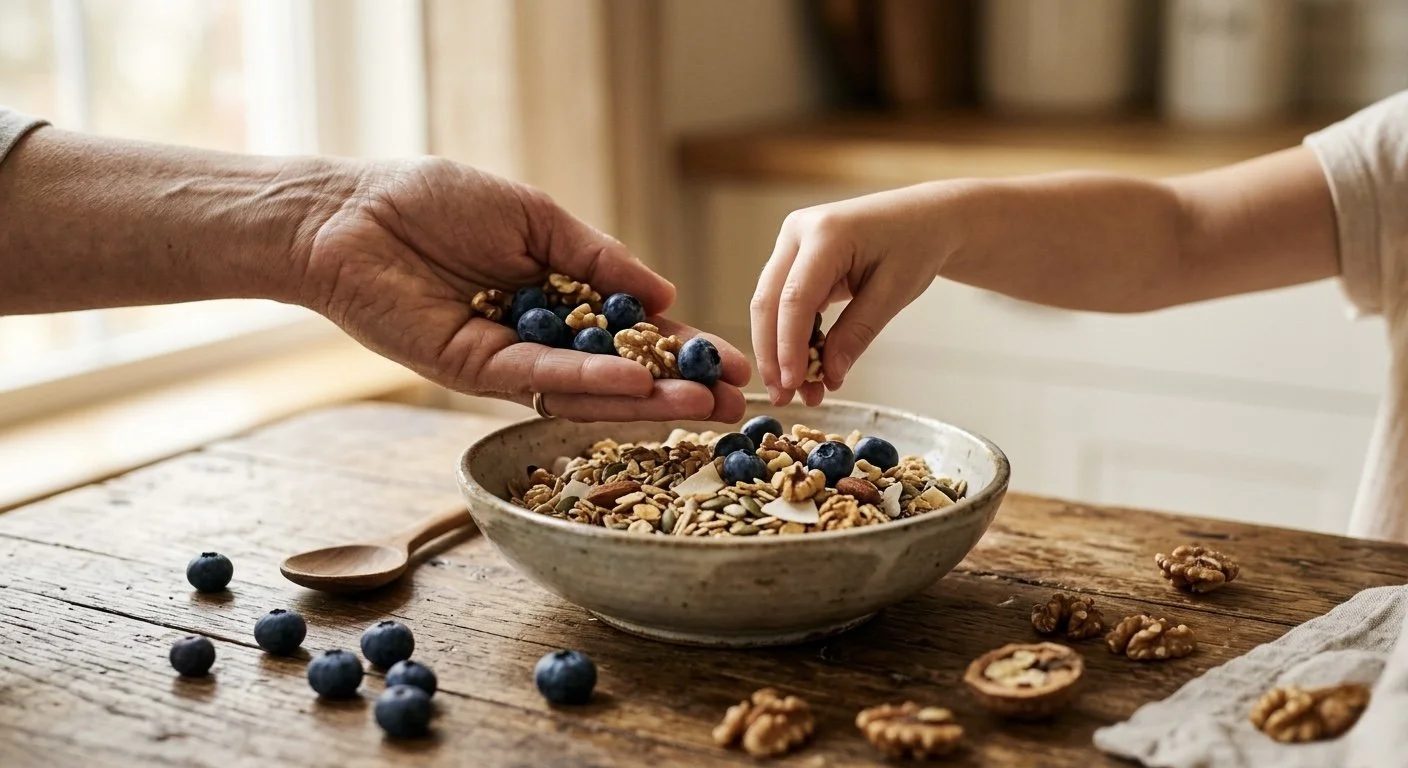 Mano de adulto mayor y niño compartiendo arándanos y nueces sobre tazón de granola casera en mesa de madera rústica iluminada por sol.