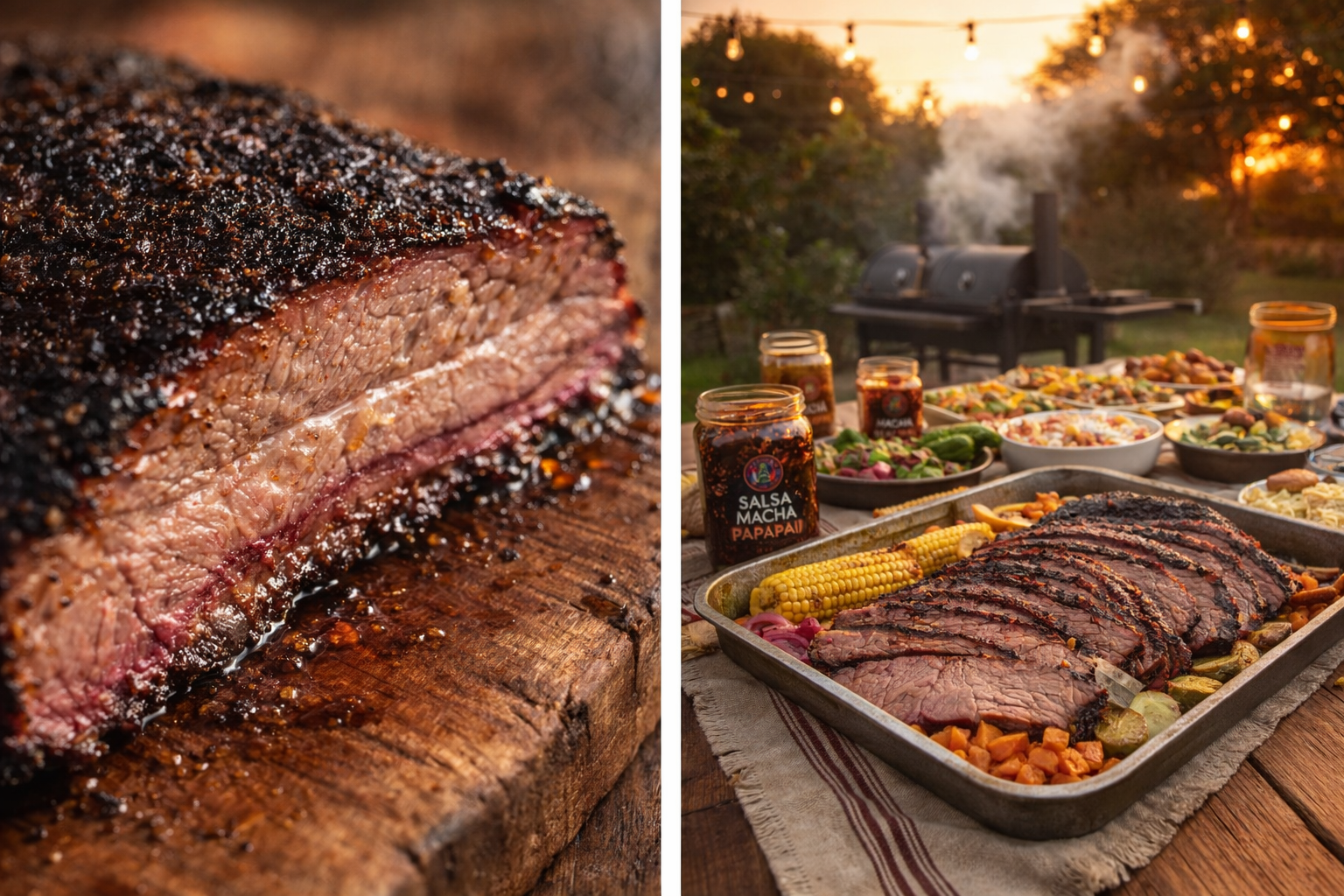 Brisket ahumado con corteza crujiente y jugo sobre tabla de madera junto a banquete parrillero al aire libre con elotes, guarniciones y frascos de Salsa Macha Papapai.
