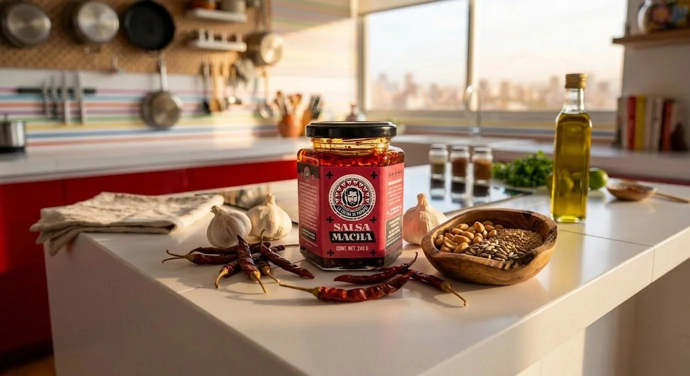 Salsa Macha 100% natural de La Cocina de Papapai. Aderezo artesanal con aceite de oliva, chile de árbol, cacahuate y semillas. Producto gourmet mexicano para maridaje de carnes y desayunos.