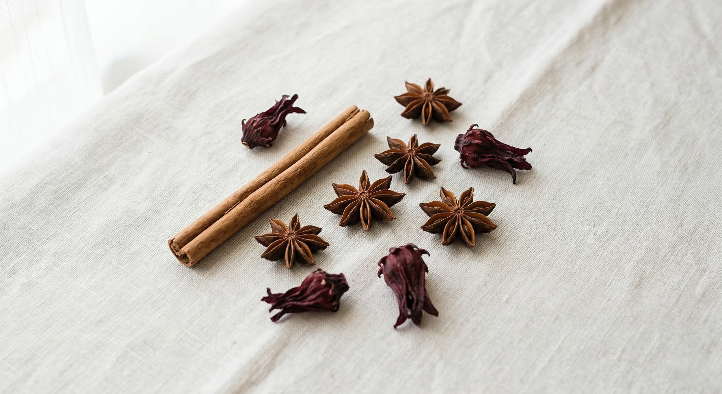 Estrellas de anís, varas de canela y flores de jamaica secas organizadas sobre tela de lino clara, resaltando los ingredientes naturales de La Cocina de Papapai.