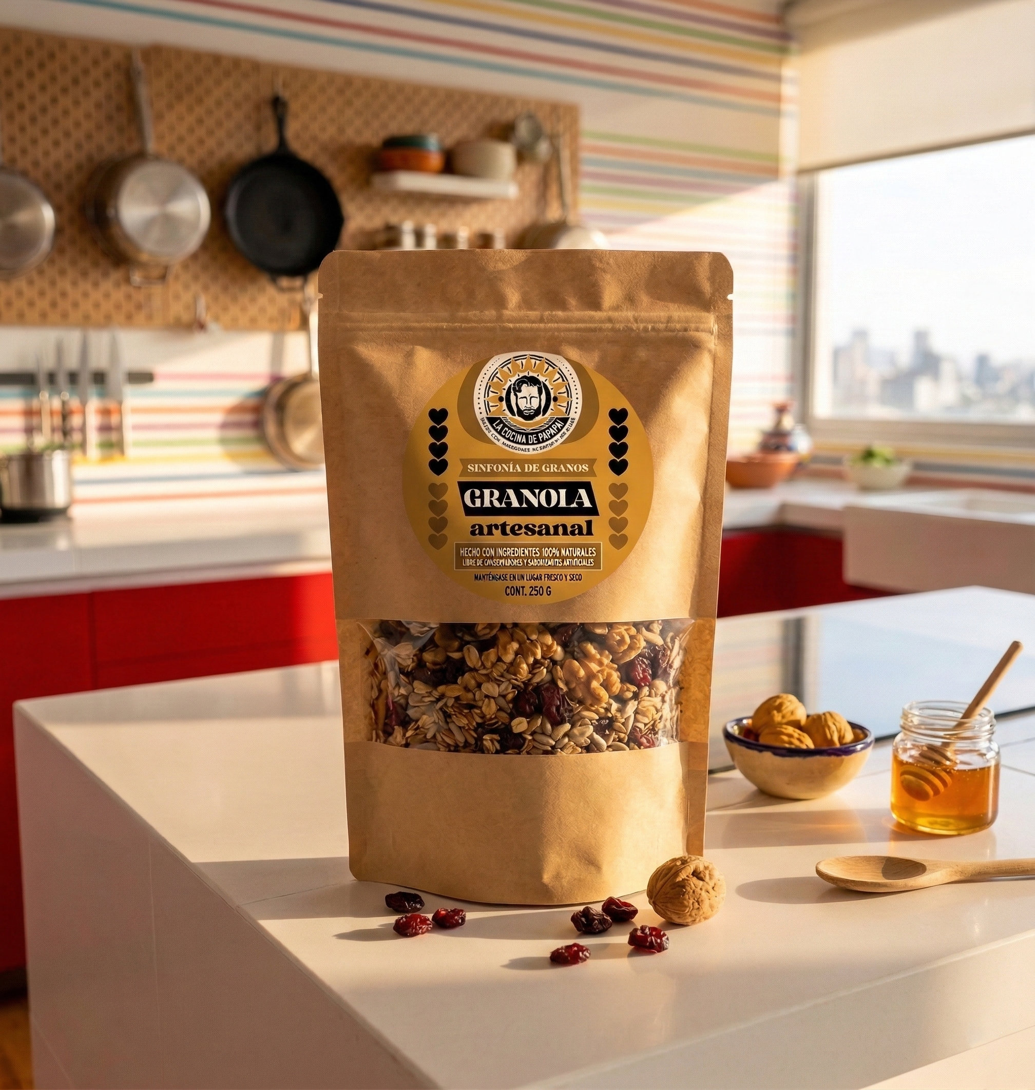 Bolsa de Granola Artesanal Sinfonía de Granos sobre barra blanca de cocina, acompañada de nueces enteras, arándanos secos y frasco de miel con palito mielero.